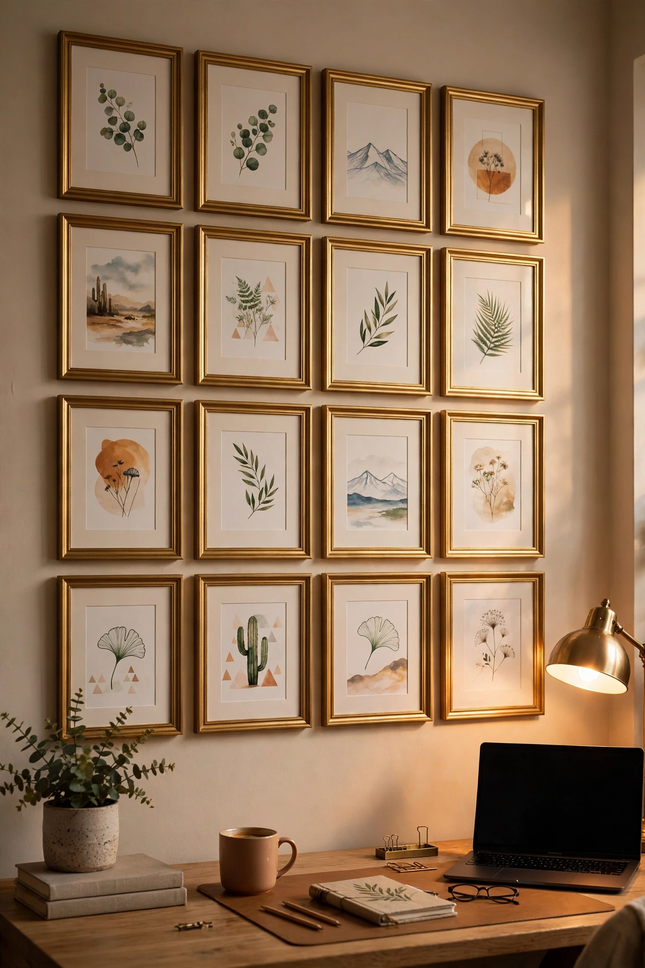Gallery wall of matching gold-painted frames above a home office desk