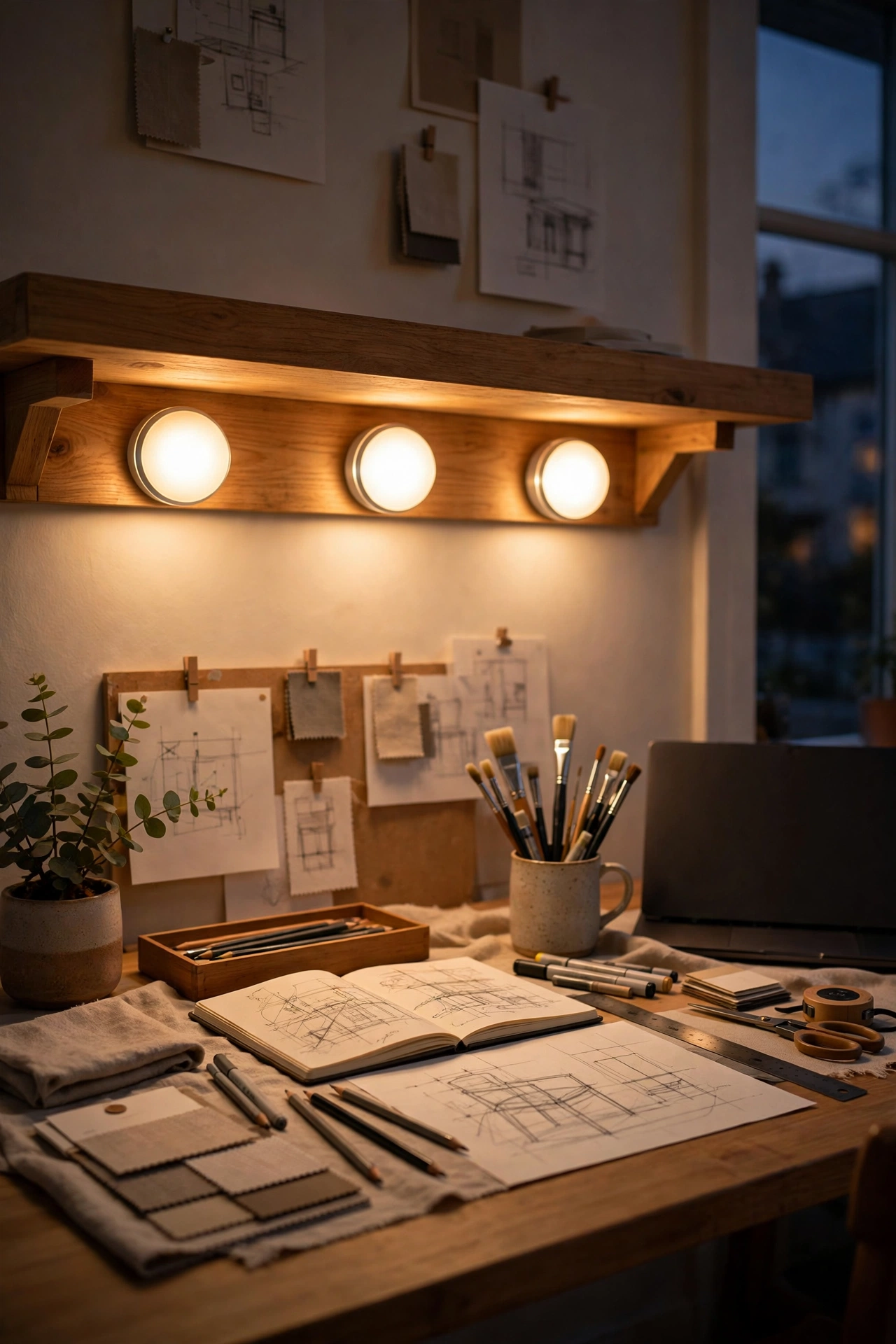 Warm battery puck lights glowing under a shelf above a home office desk