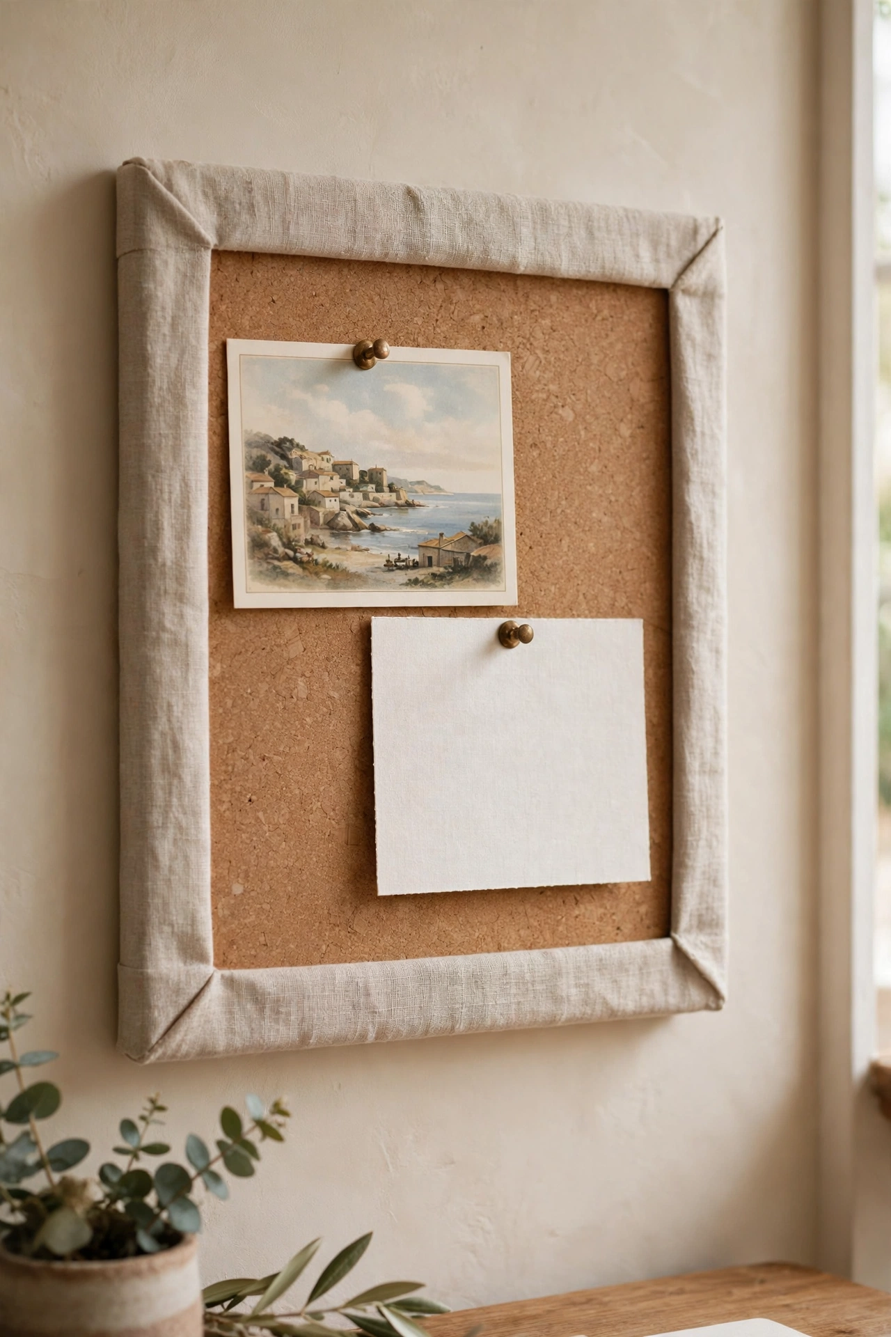 Cork board wrapped in linen fabric pinned with a postcard on a home office wall