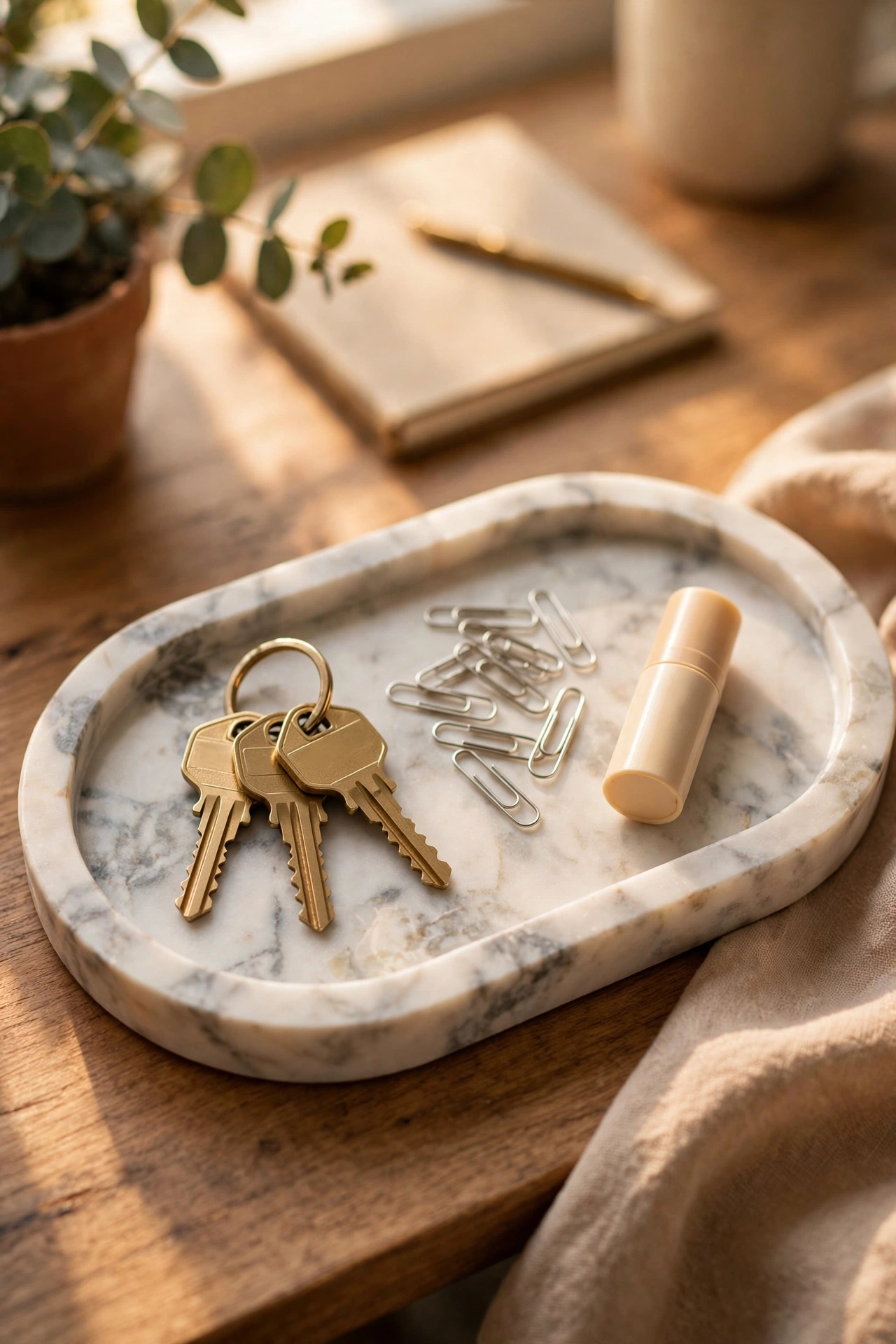 Marble-finish decorative tray holding keys and small desk essentials