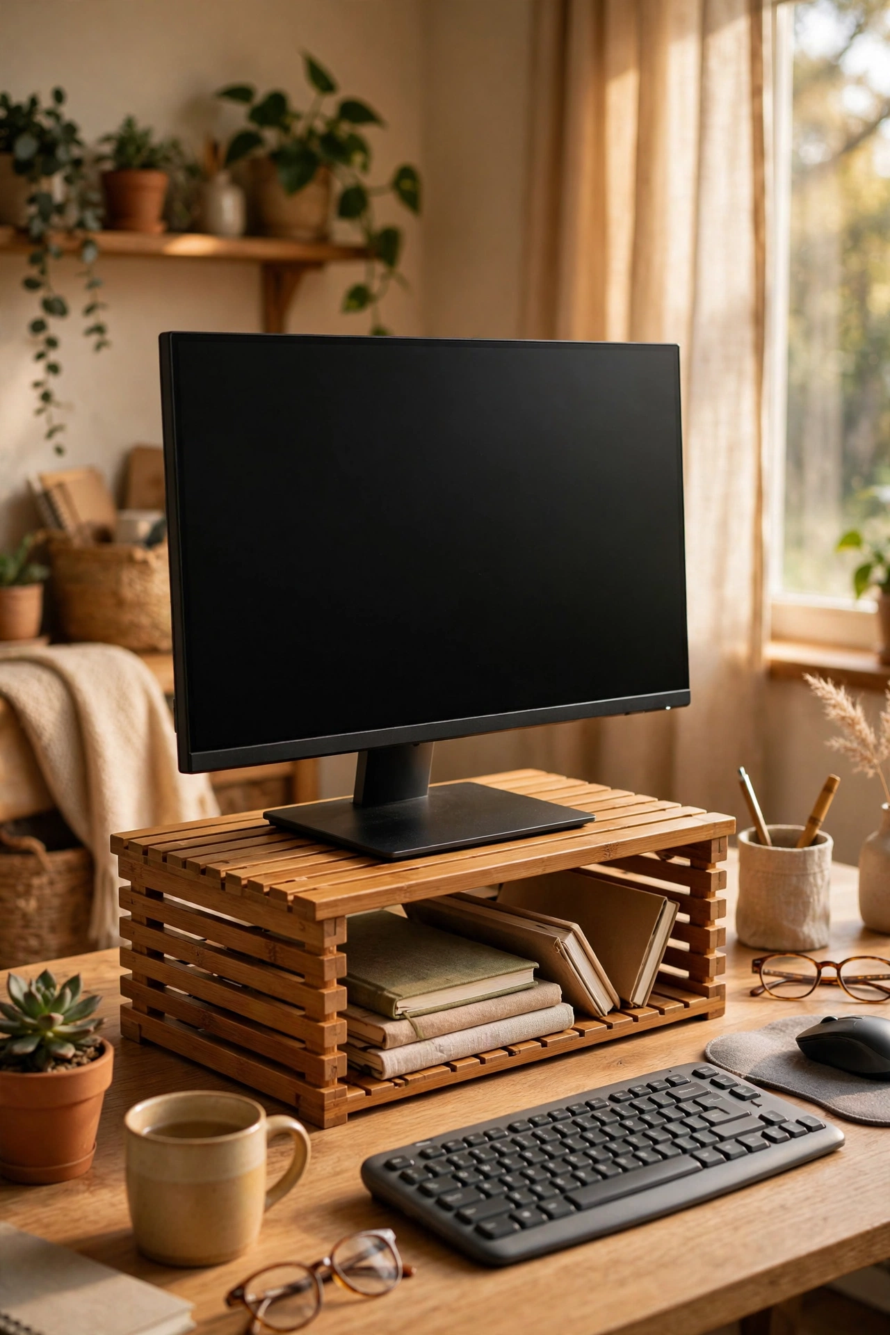 Bamboo desktop riser lifting a monitor in a warm home office setup