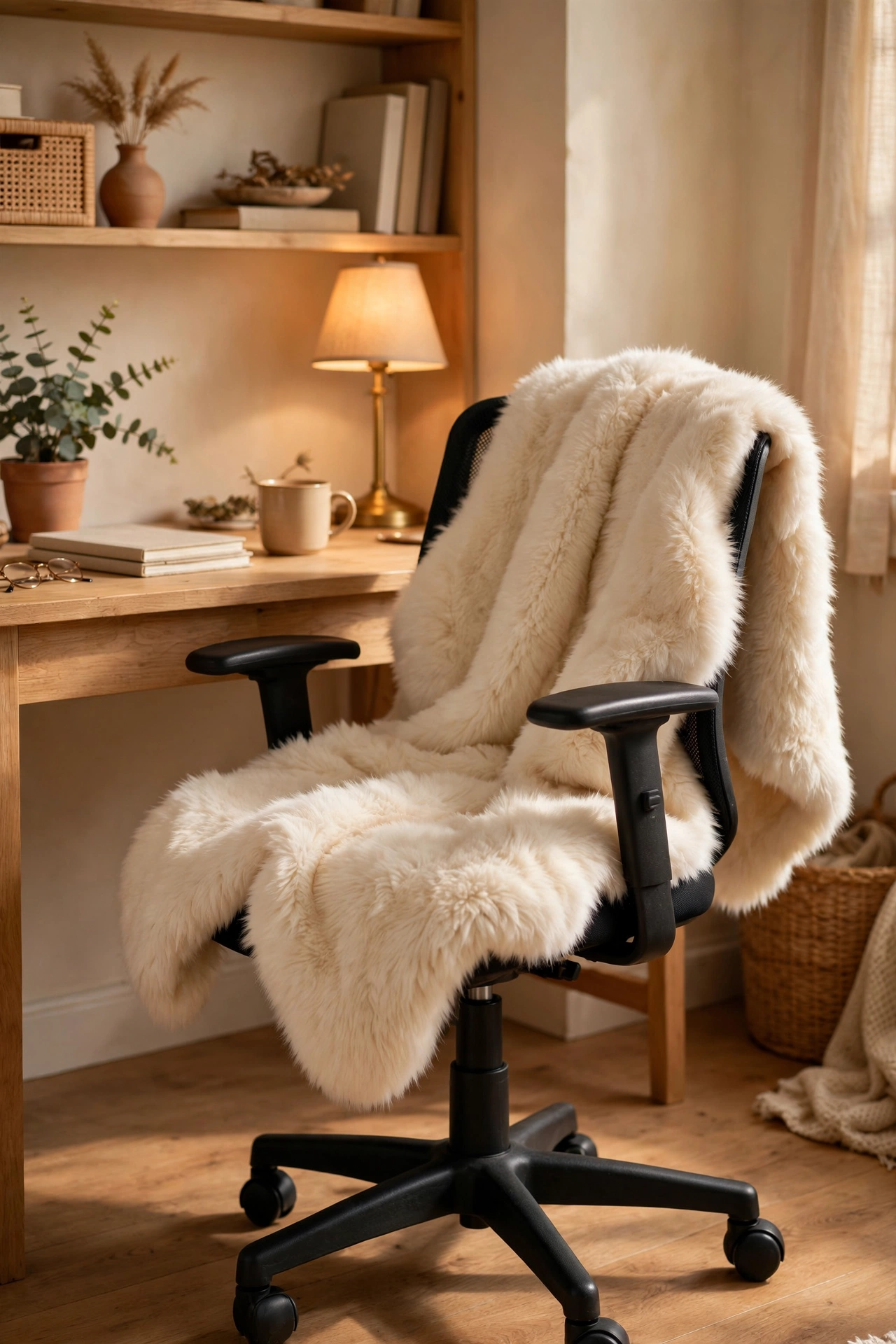 Cream faux fur throw draped over a home office chair