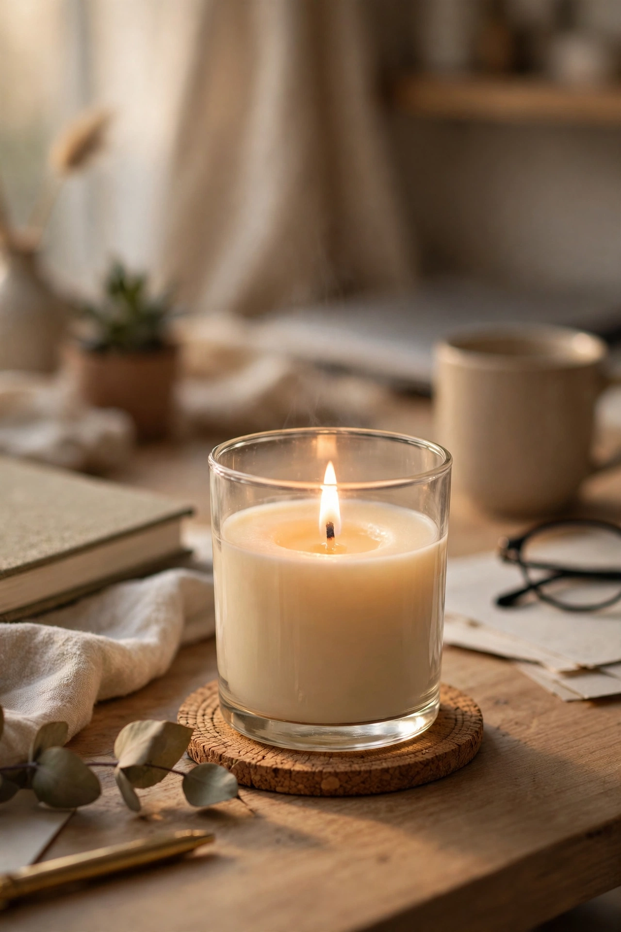 Vanilla scented candle in a label-free glass jar on a home office desk