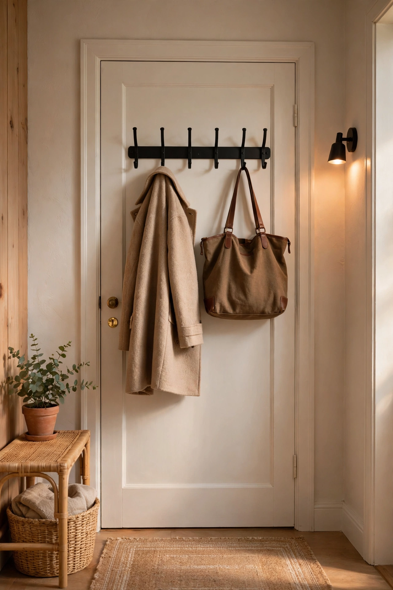 Matte black over-the-door hook rack holding a coat and bag in an entryway
