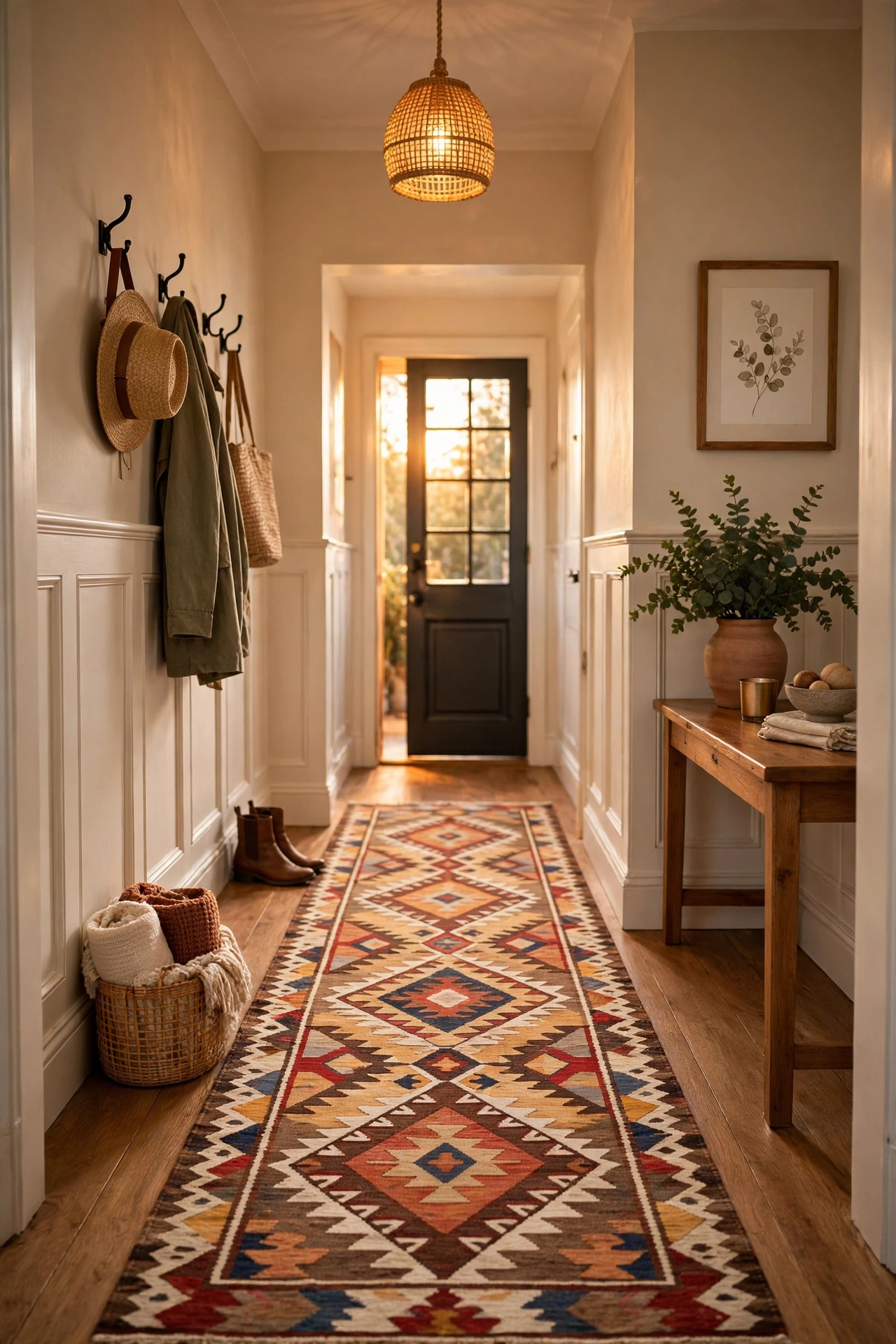 Patterned kilim-style runner rug in a narrow entryway hallway