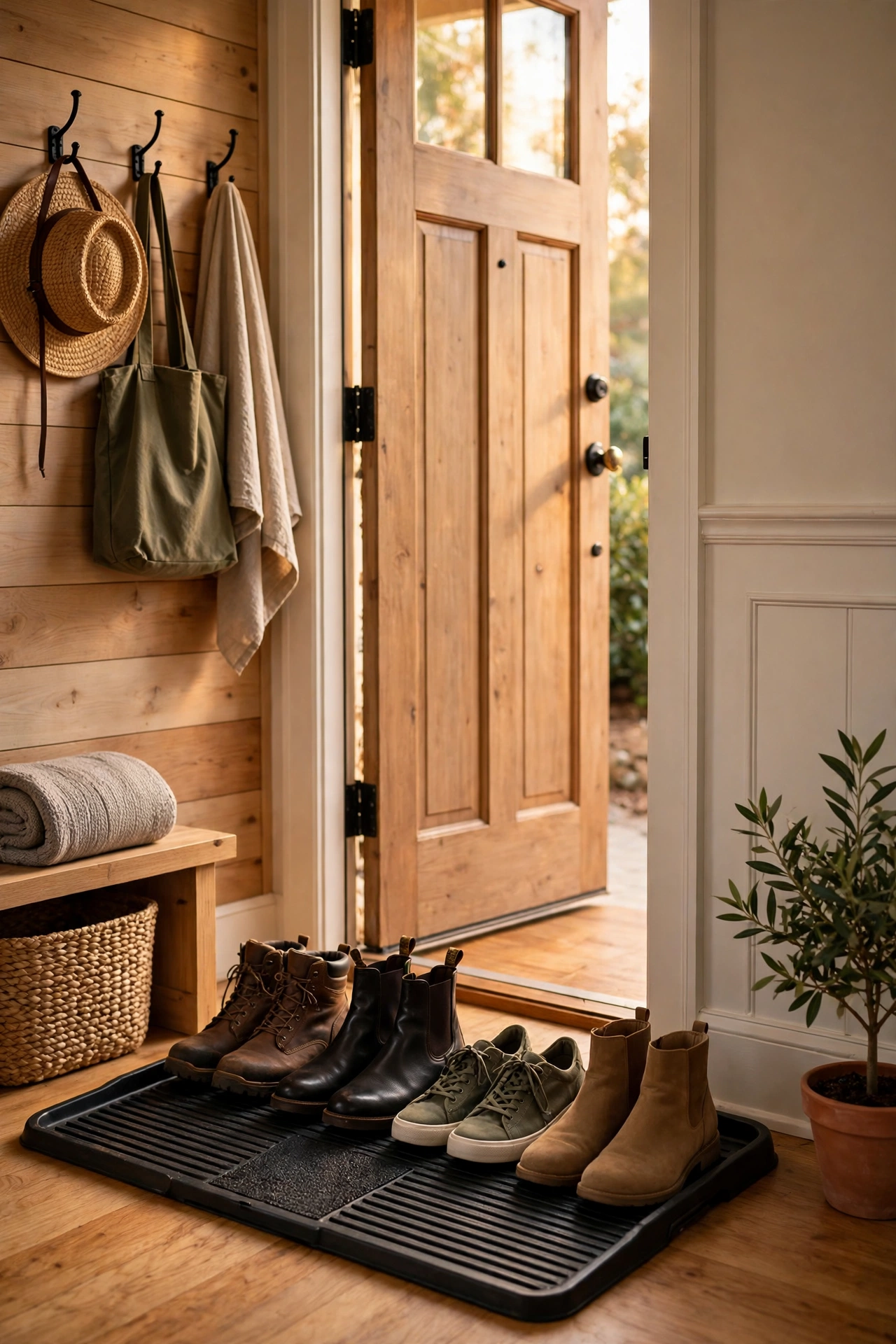 Ridged boot tray with neatly lined-up shoes inside a front door
