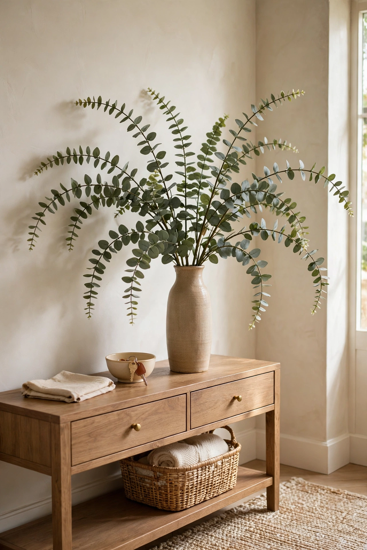 Tall vase of faux eucalyptus stems on an entryway console table