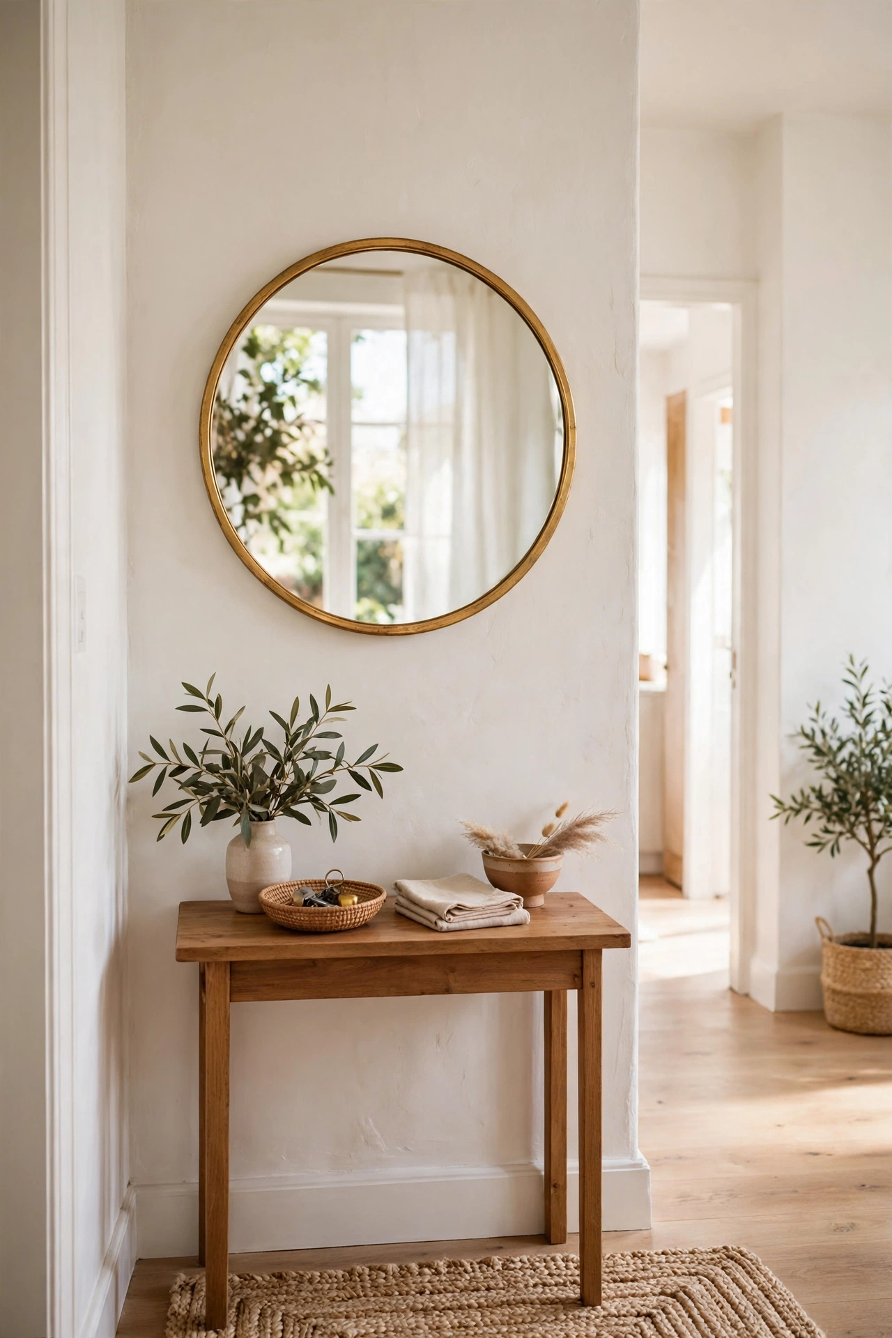 Round gold-rimmed mirror hanging above a small entryway console table