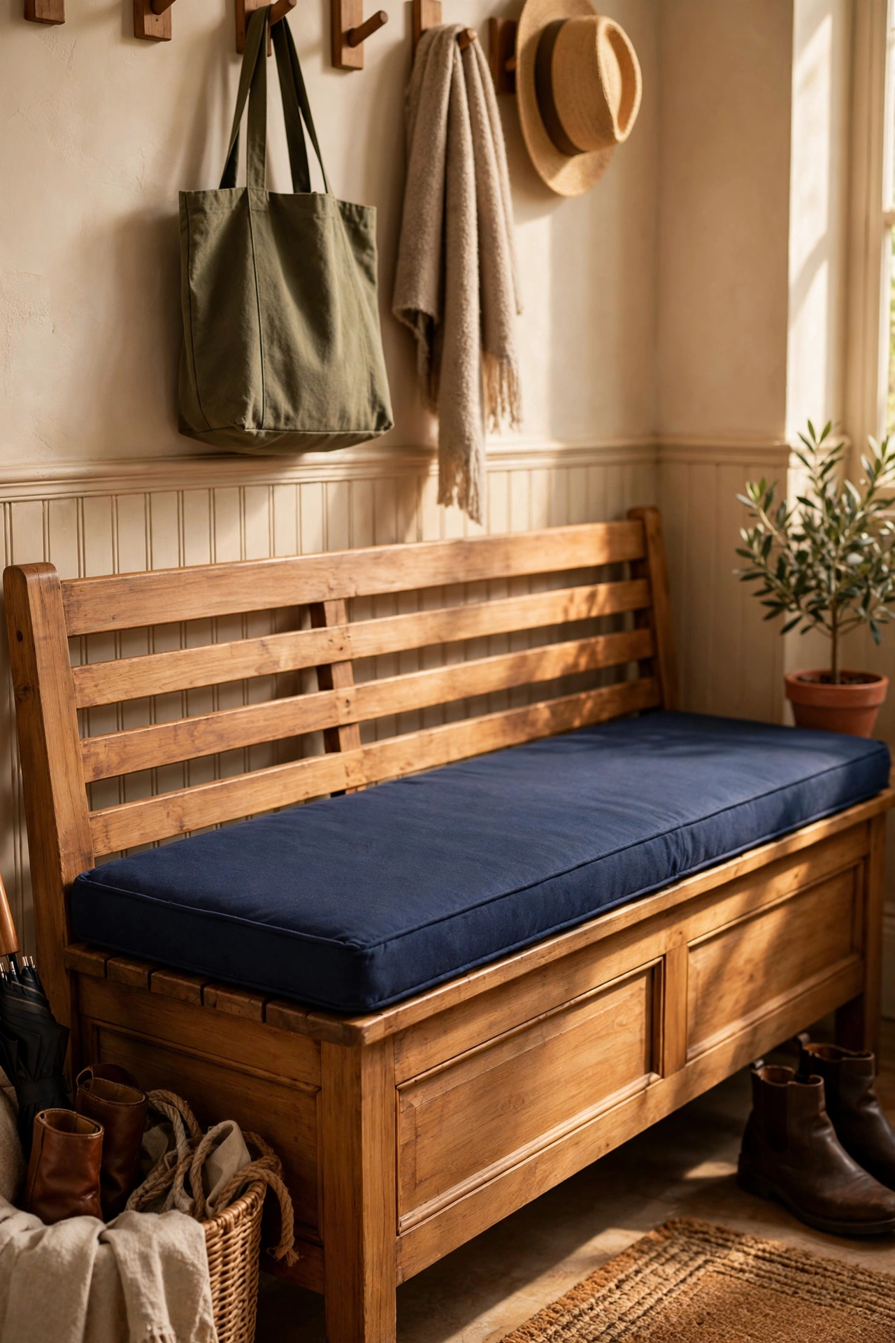 Navy washable cushion on a wooden entryway bench