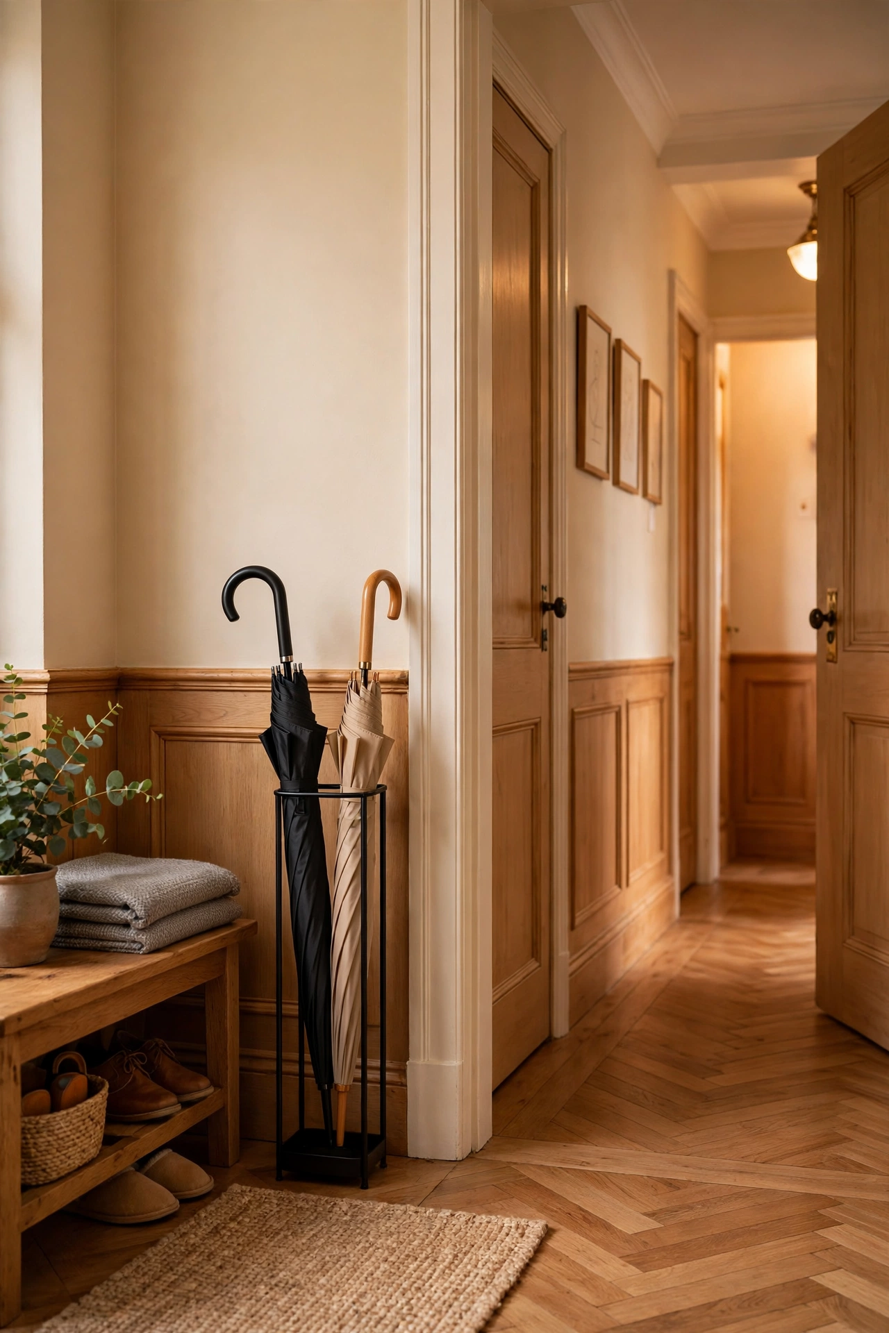 Slim tall umbrella stand in the corner of a tidy entryway
