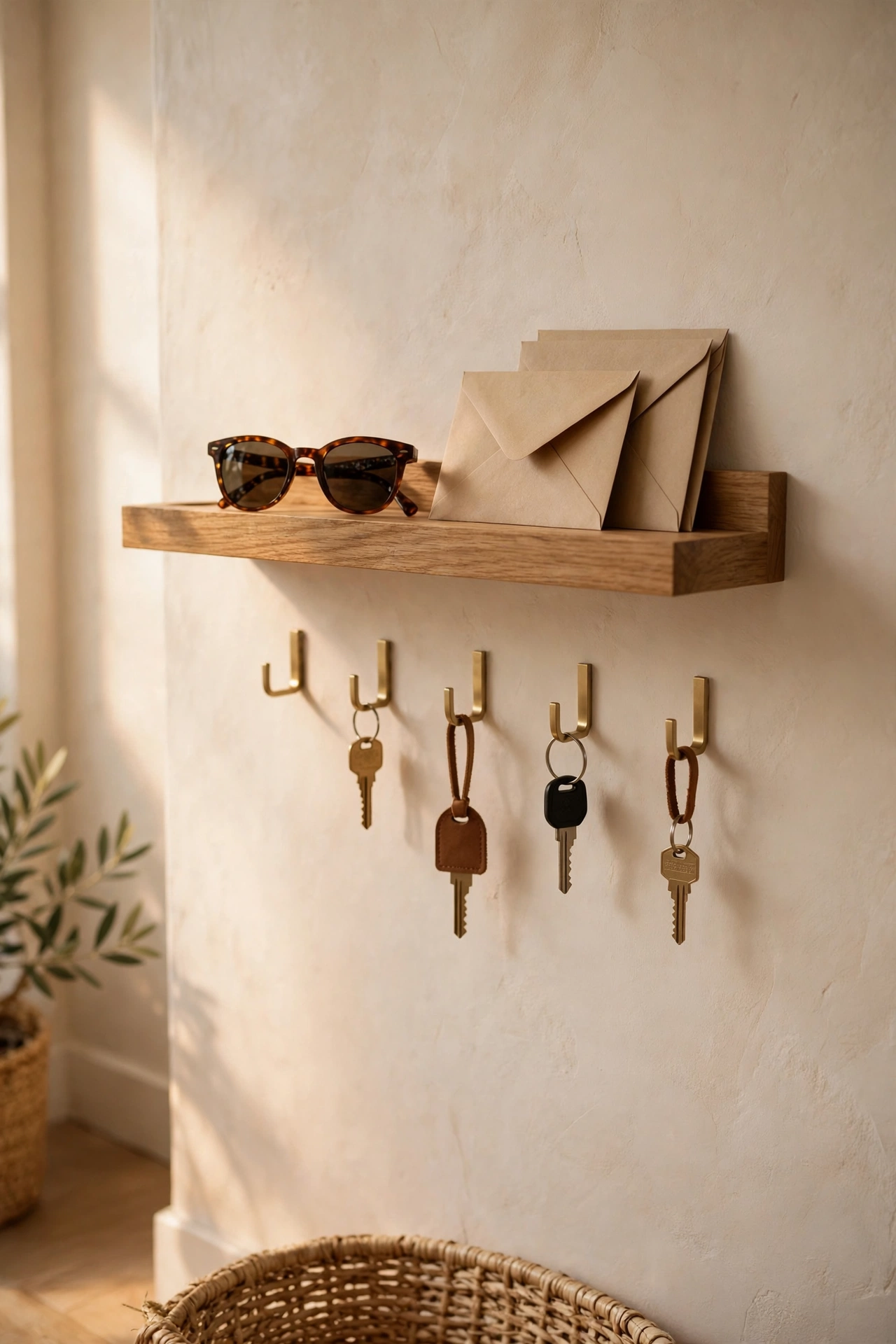 Floating wall shelf above key hooks holding sunglasses and post
