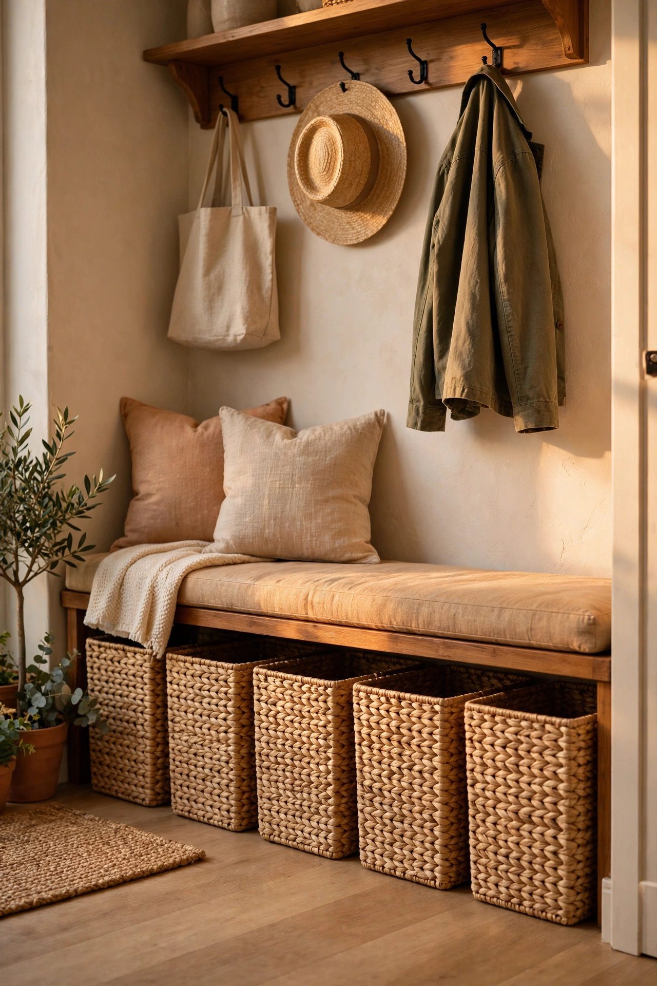 Matching seagrass-look woven baskets under an entryway bench