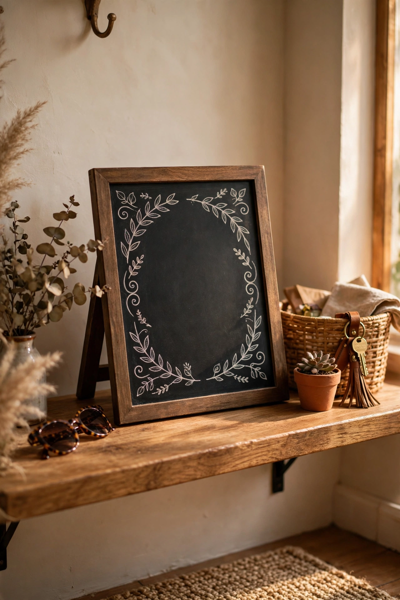 Small chalkboard welcome sign with neat lettering on an entryway shelf