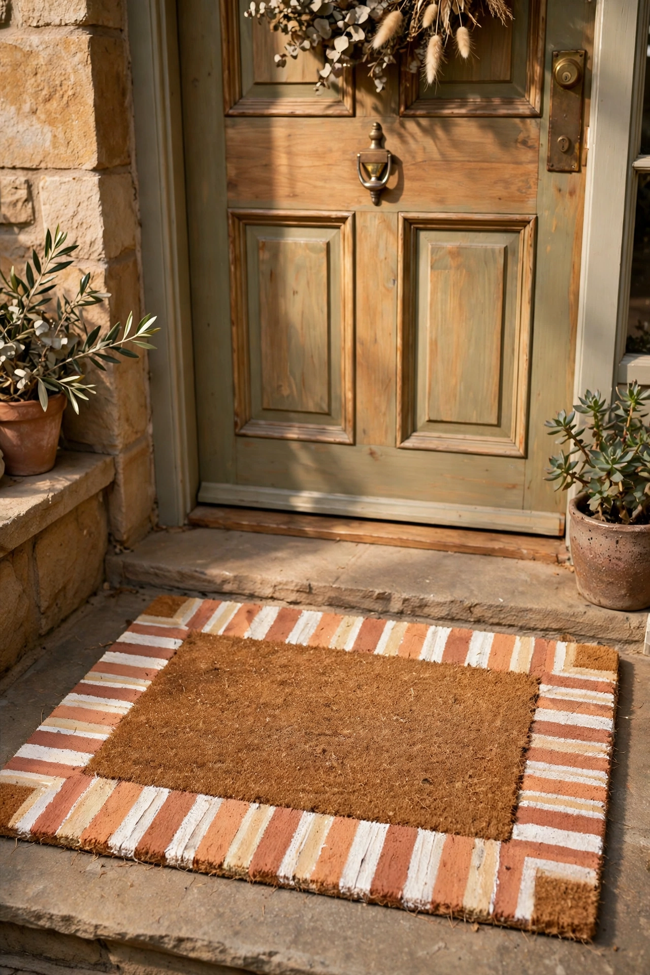 Coir doormat with painted striped border at a front door