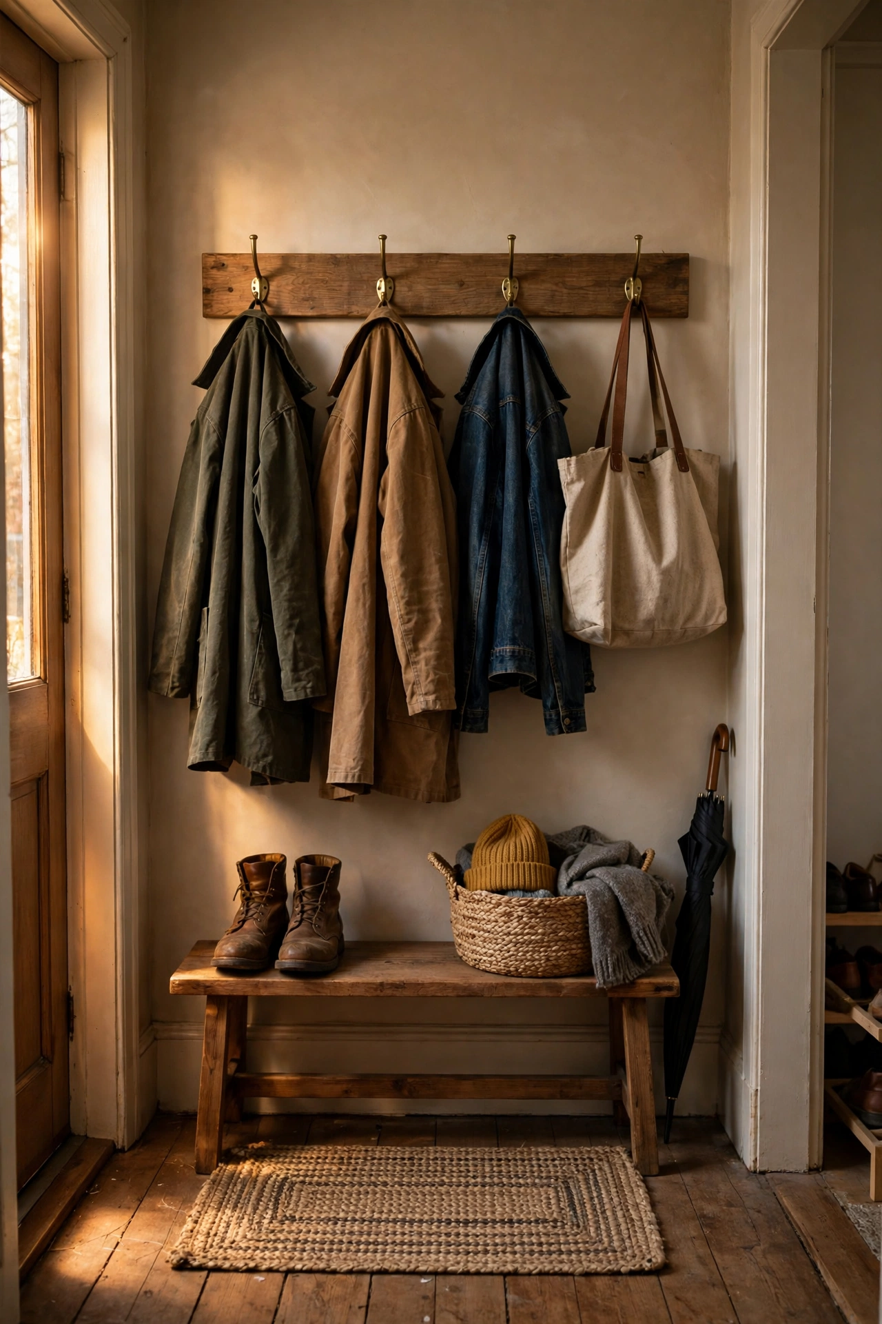 Wooden coat hook rail with four hooks holding coats in an entryway