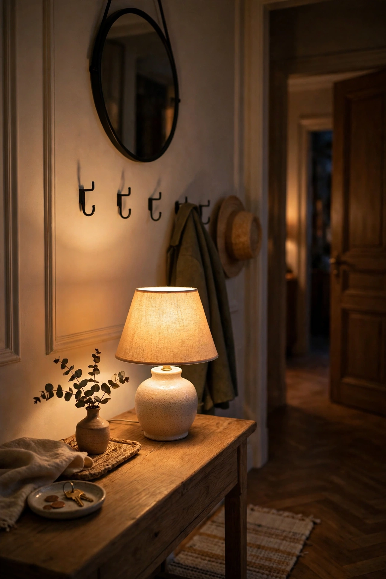 Small ceramic table lamp glowing on an entryway console table