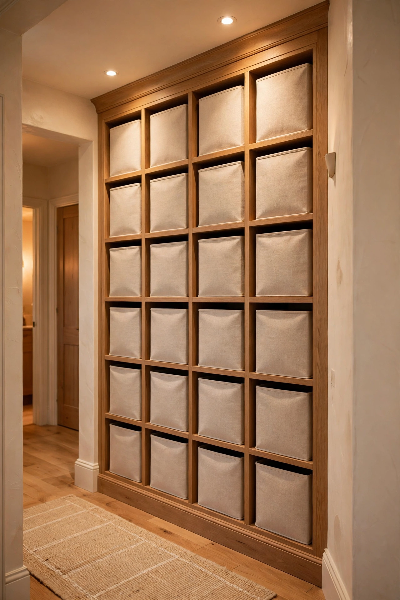 Fabric storage cubes in one colour slotted into a hallway cube shelf