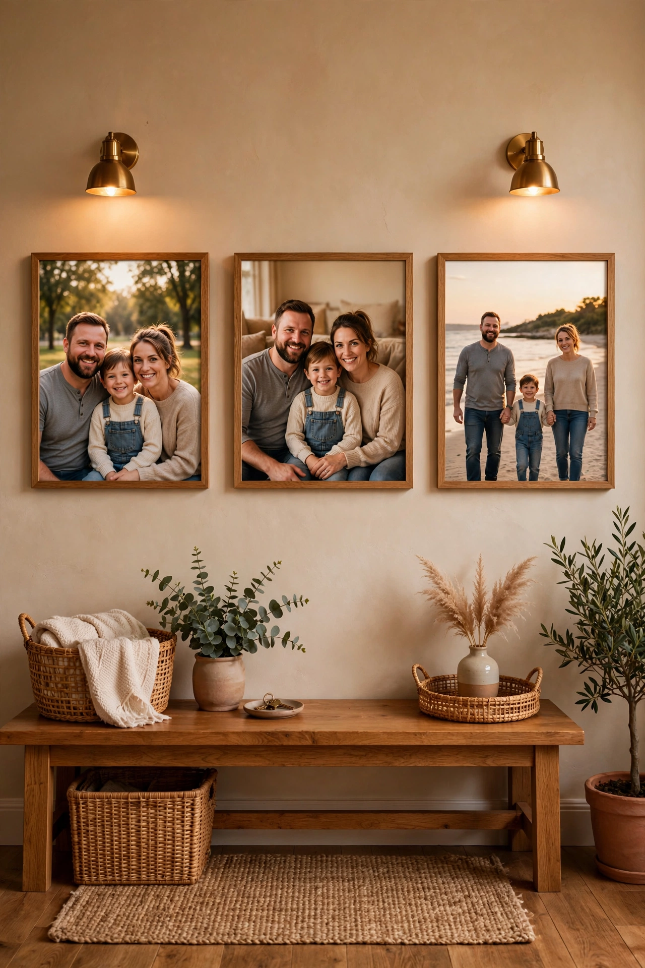 Three matching framed family photos in a row on an entryway wall