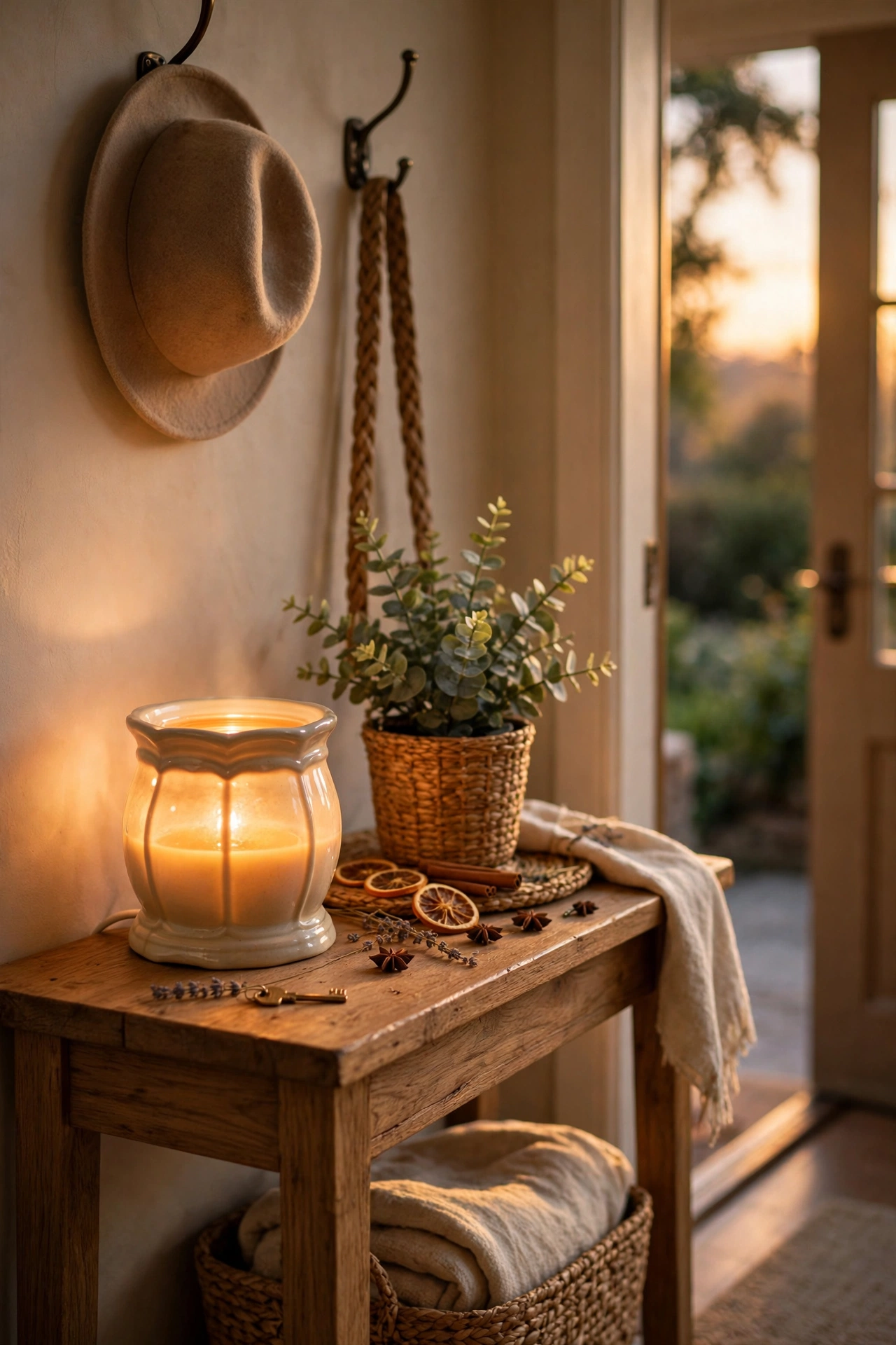 Scented wax warmer on an entryway console table with warm glow