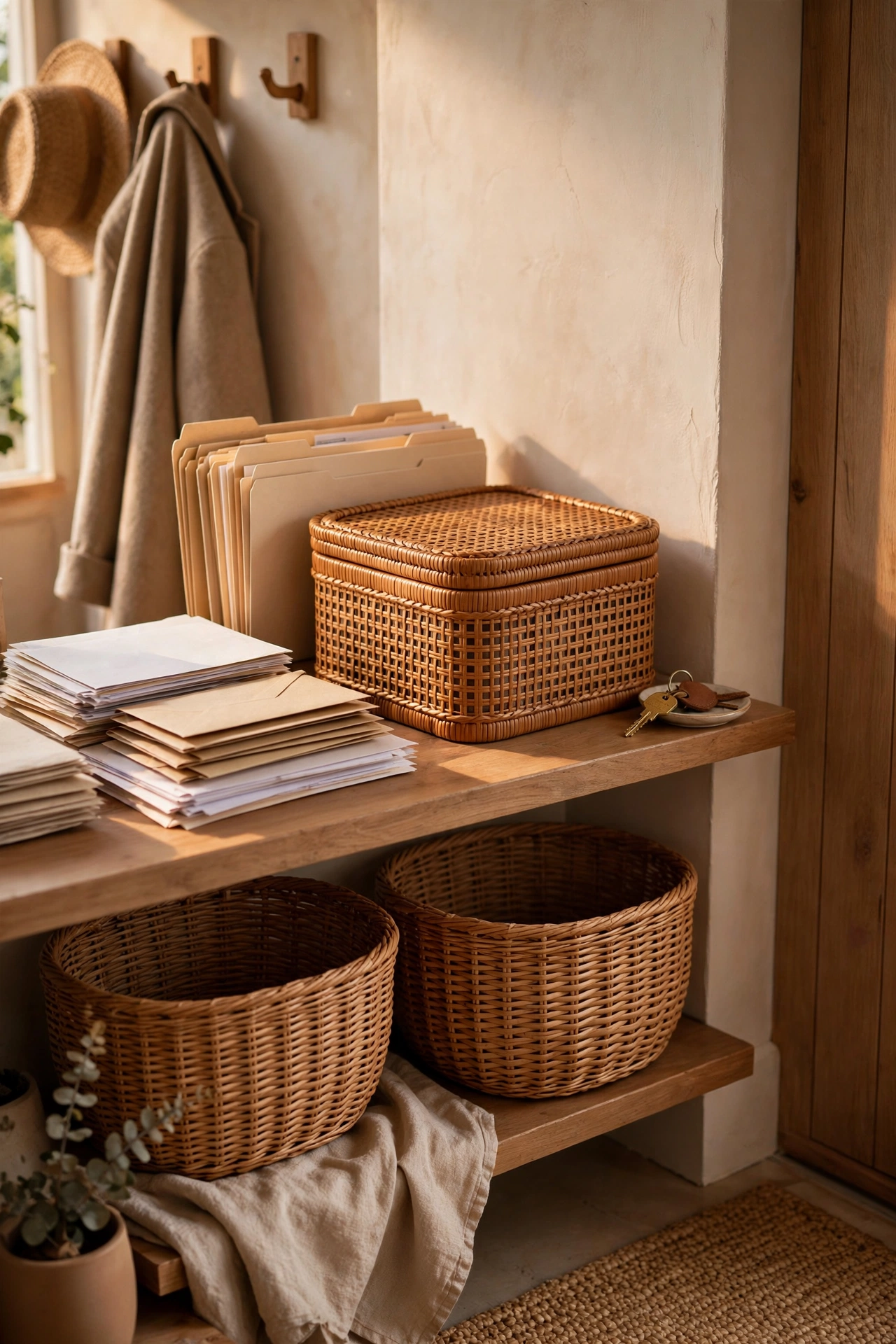 Lidded decorative storage box for mail on an entryway shelf