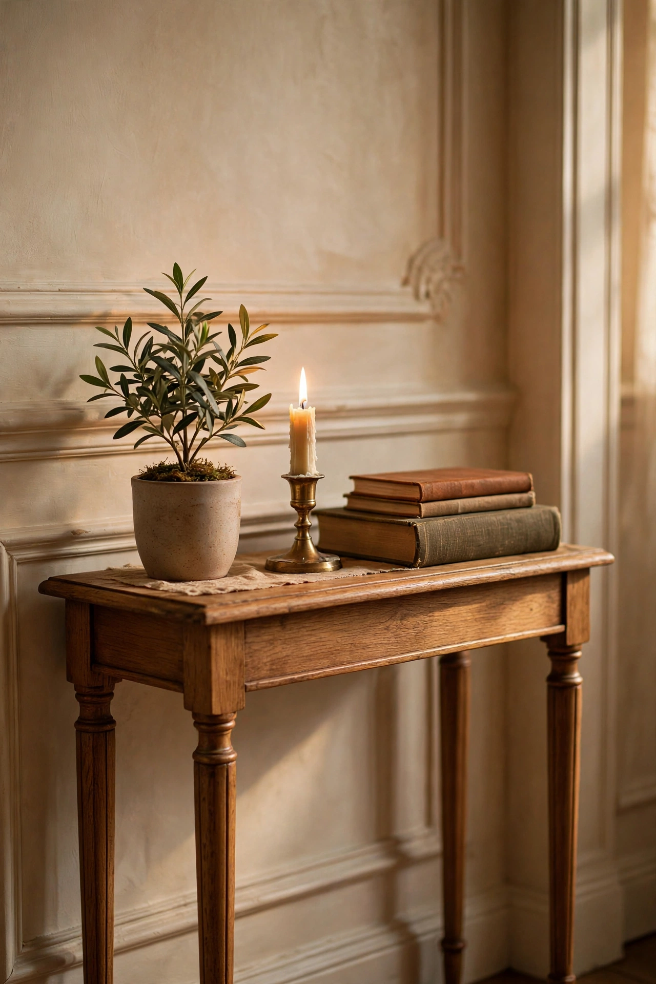 Styled console table trio with plant, candle and stacked books