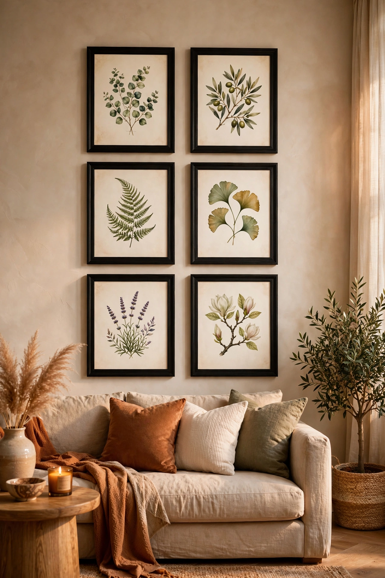 Gallery grid of six matching black frames with art prints on a living room wall