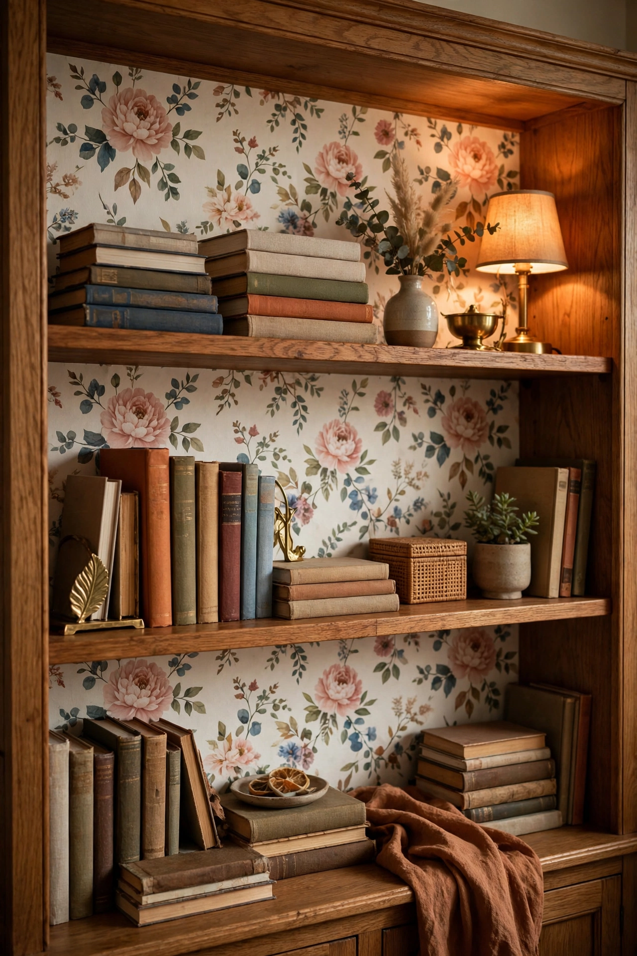 Peel-and-stick floral wallpaper lining the back panel of a bookcase