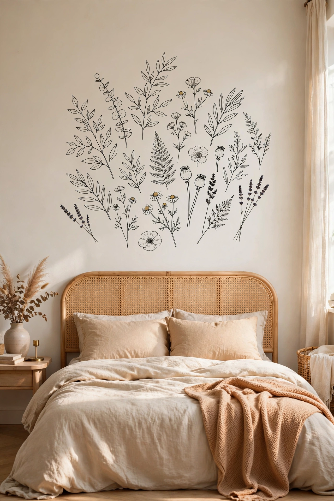 Botanical line-art wall decals clustered above a bed