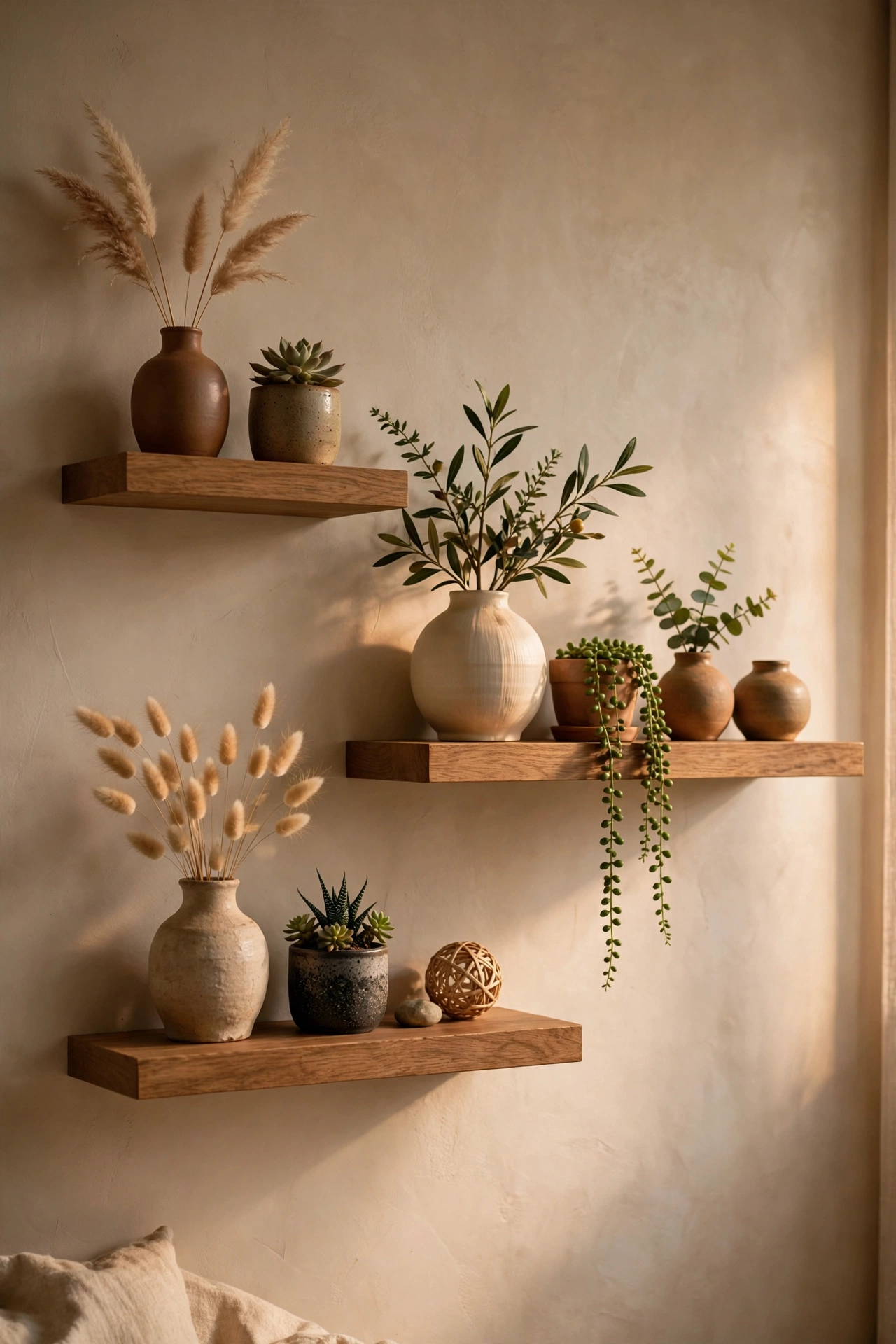 Staggered floating shelves with styled decor objects on a wall