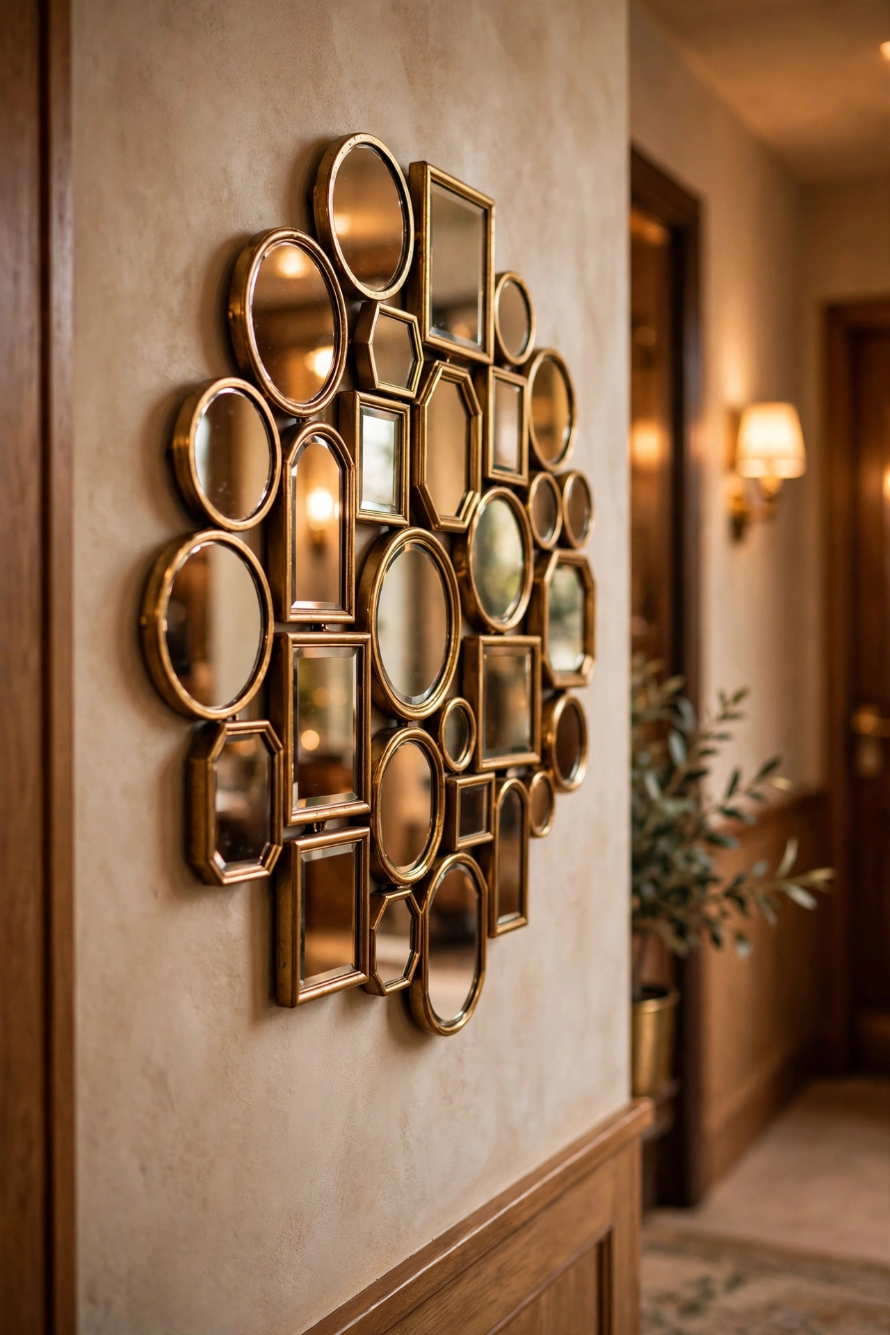 Tight cluster of small gold-framed mirrors on a hallway wall