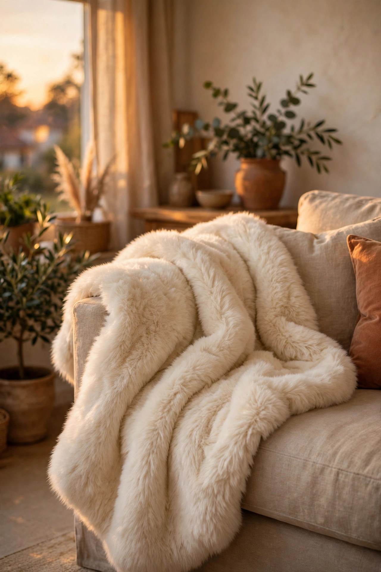 Cream faux fur throw casually draped over a sofa arm