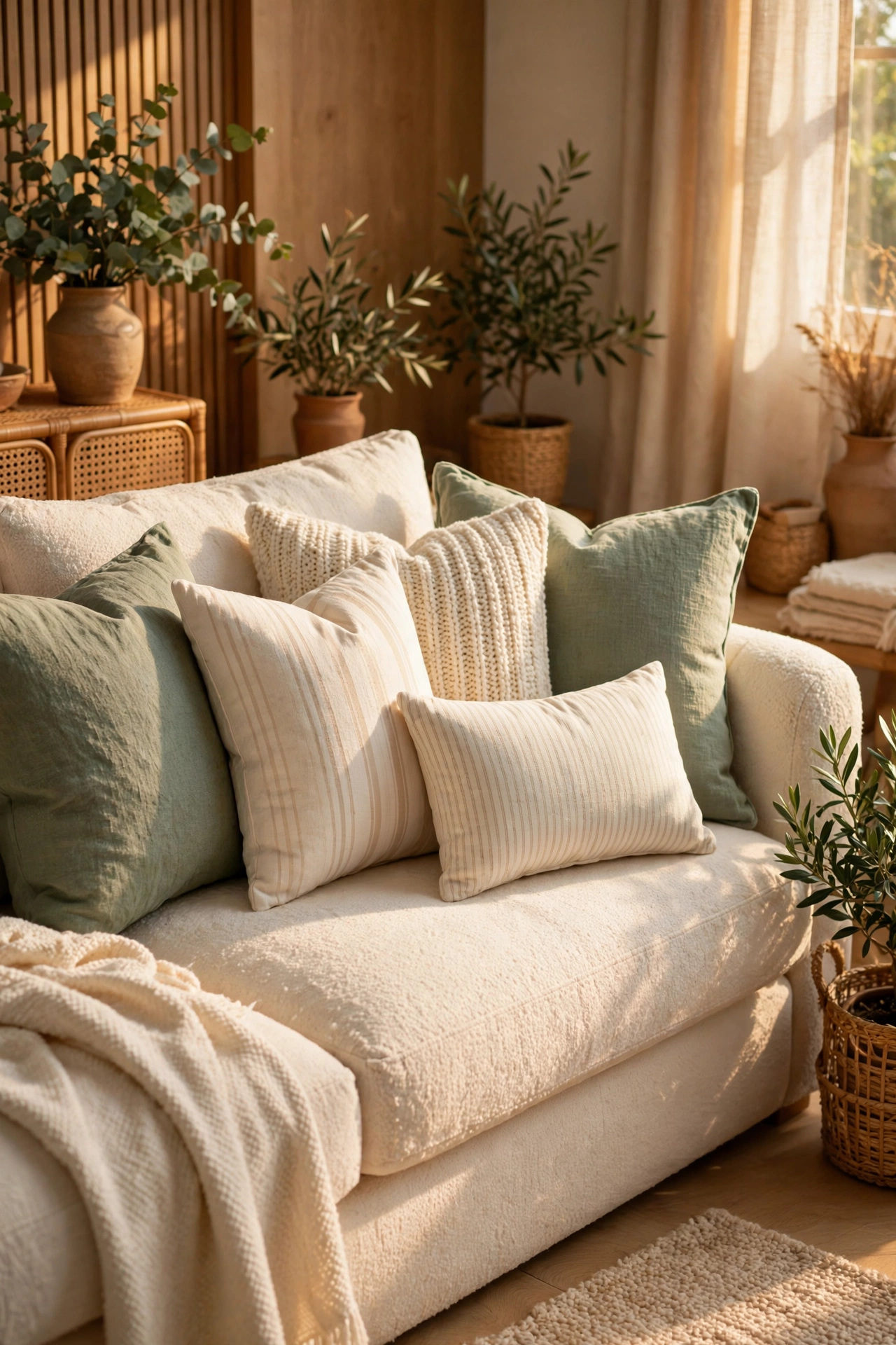 Sofa styled with mix-and-match sage, cream and striped cushion covers