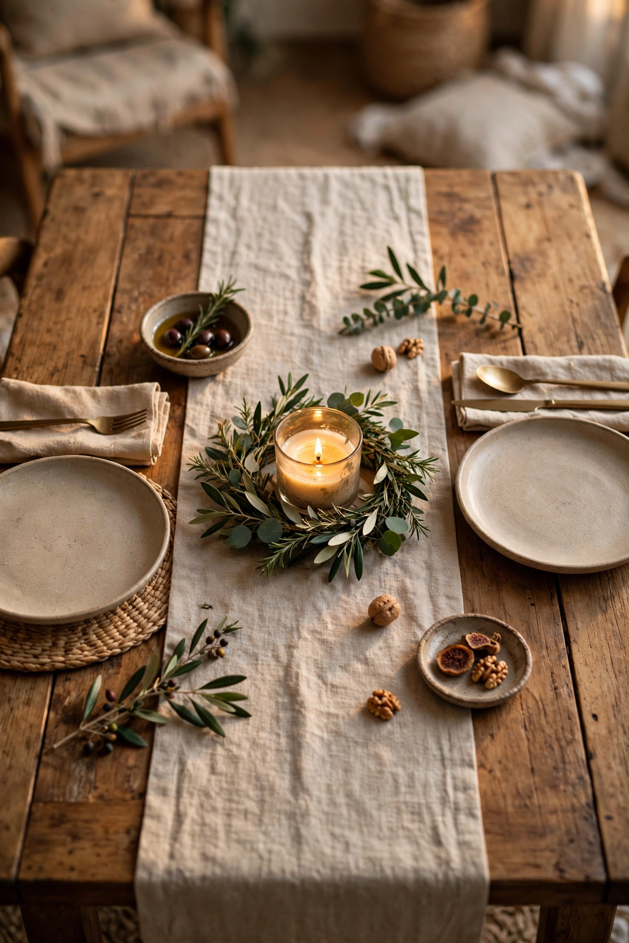 Linen-look table runner centred on a dining table with low centrepiece