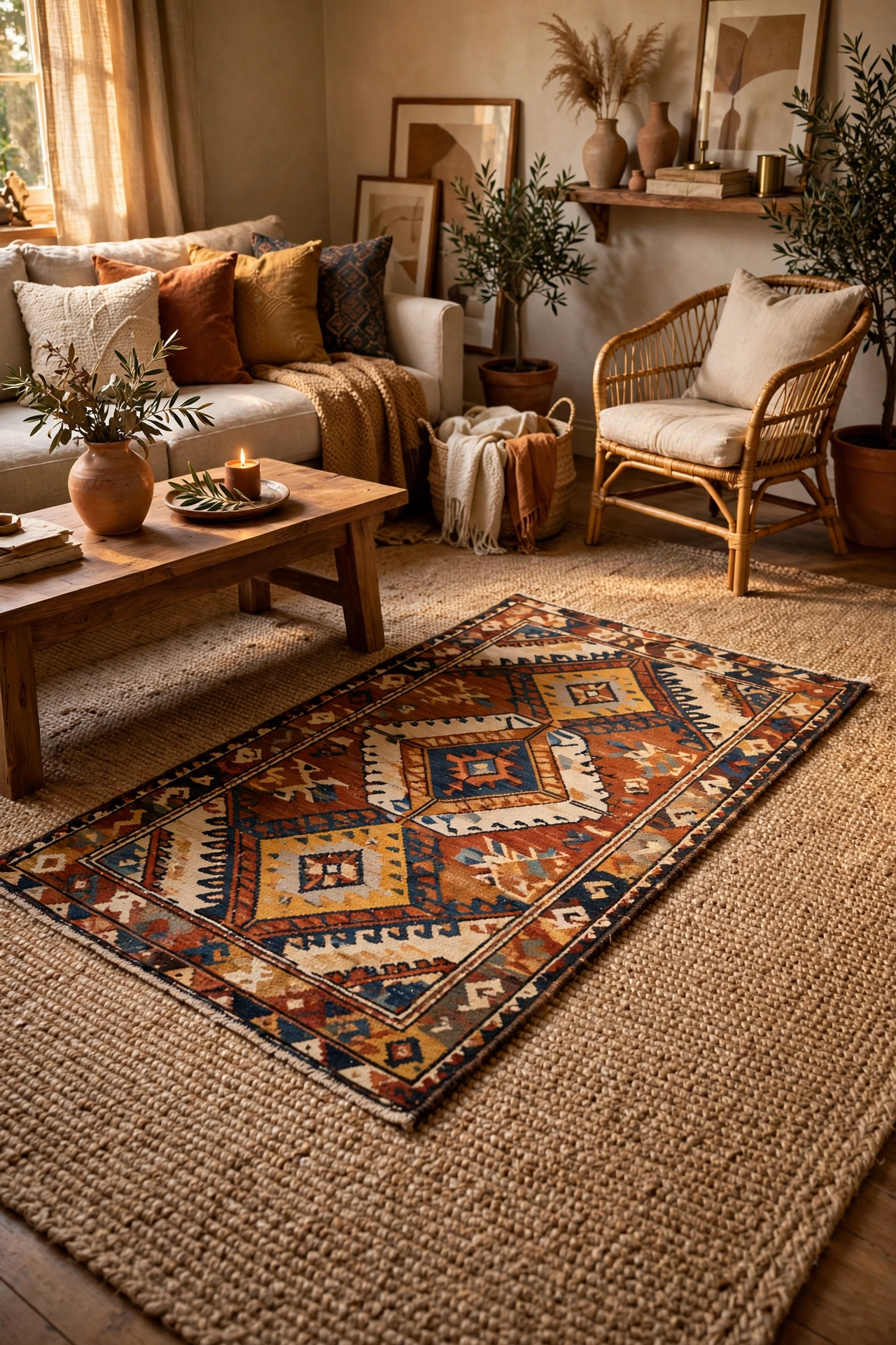 Small patterned rug layered diagonally over a larger neutral rug