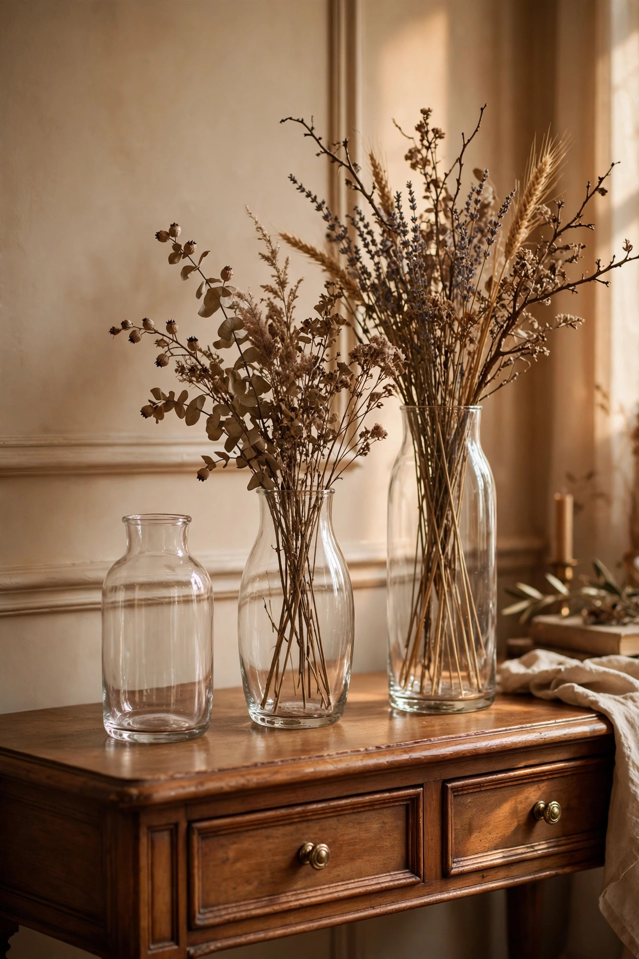 Trio of glass vases at different heights with dried stems on a console