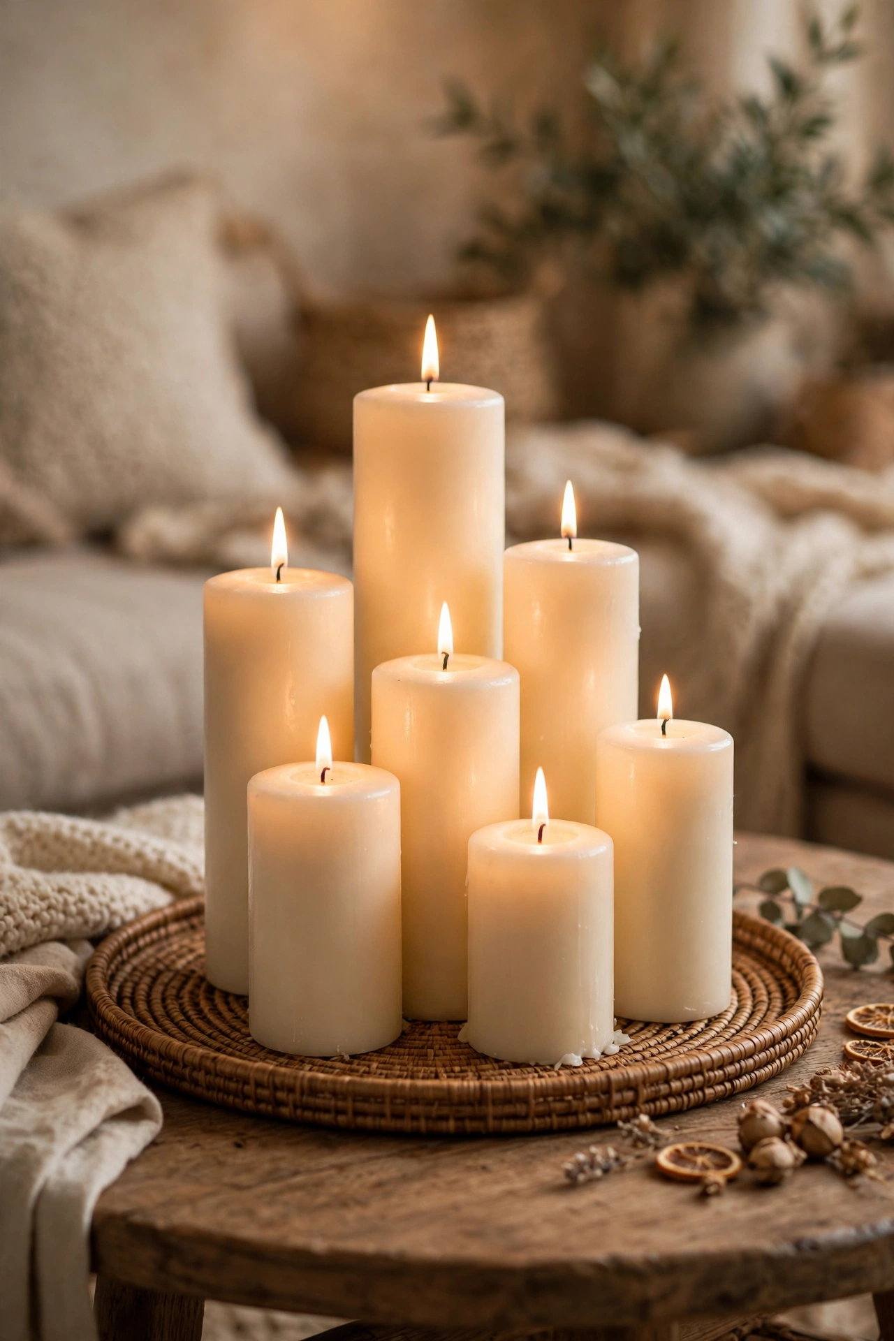 Cluster of ivory pillar candles on a round tray on a coffee table
