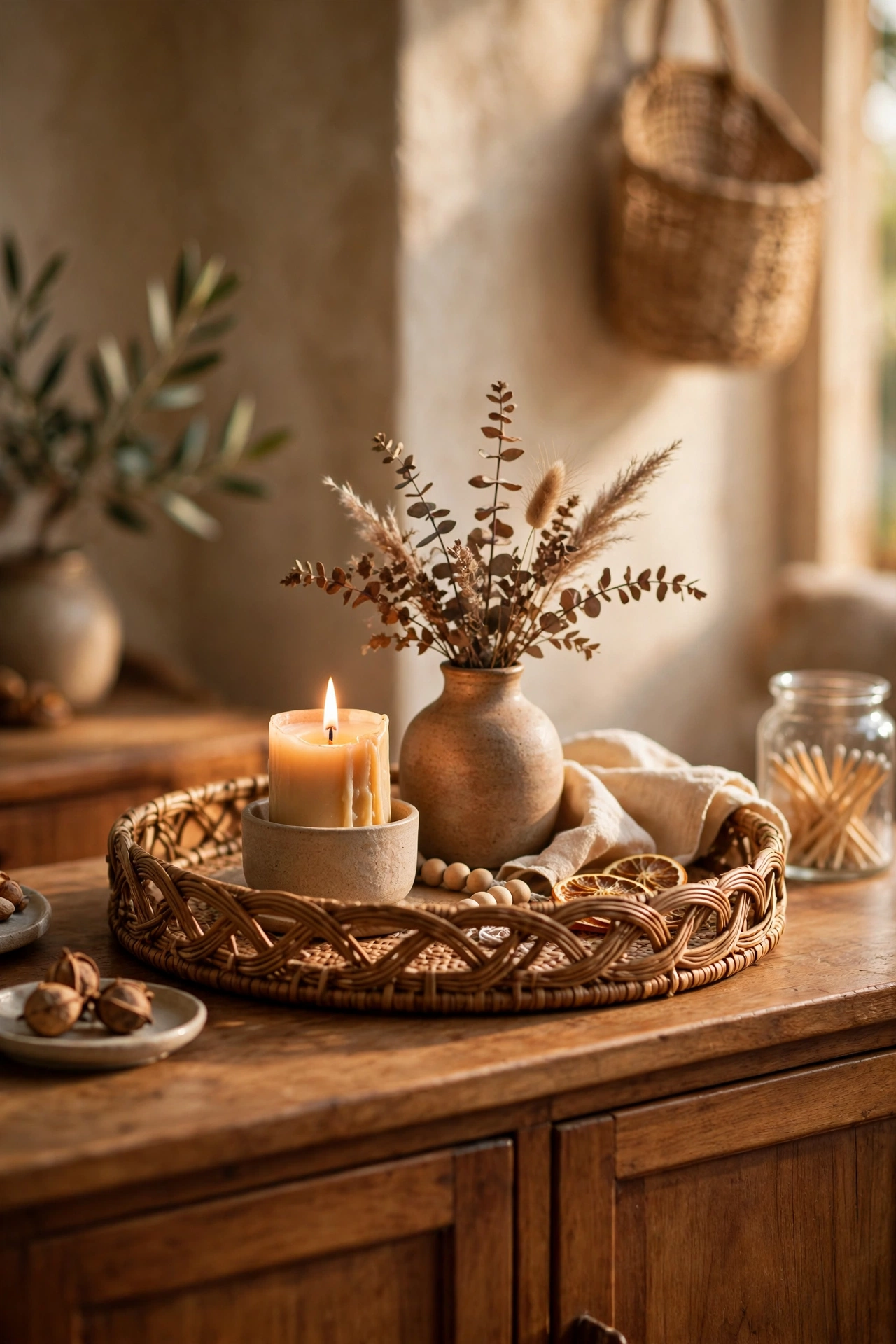 Woven decorative tray anchoring a styled vignette on a sideboard