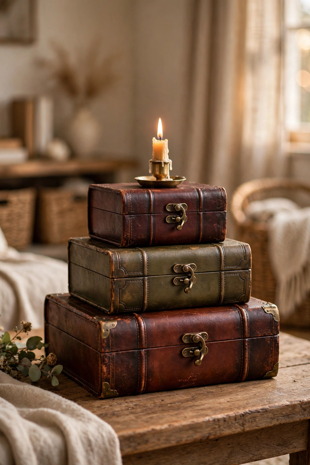 Stack of decorative book boxes topped with a candle on a coffee table