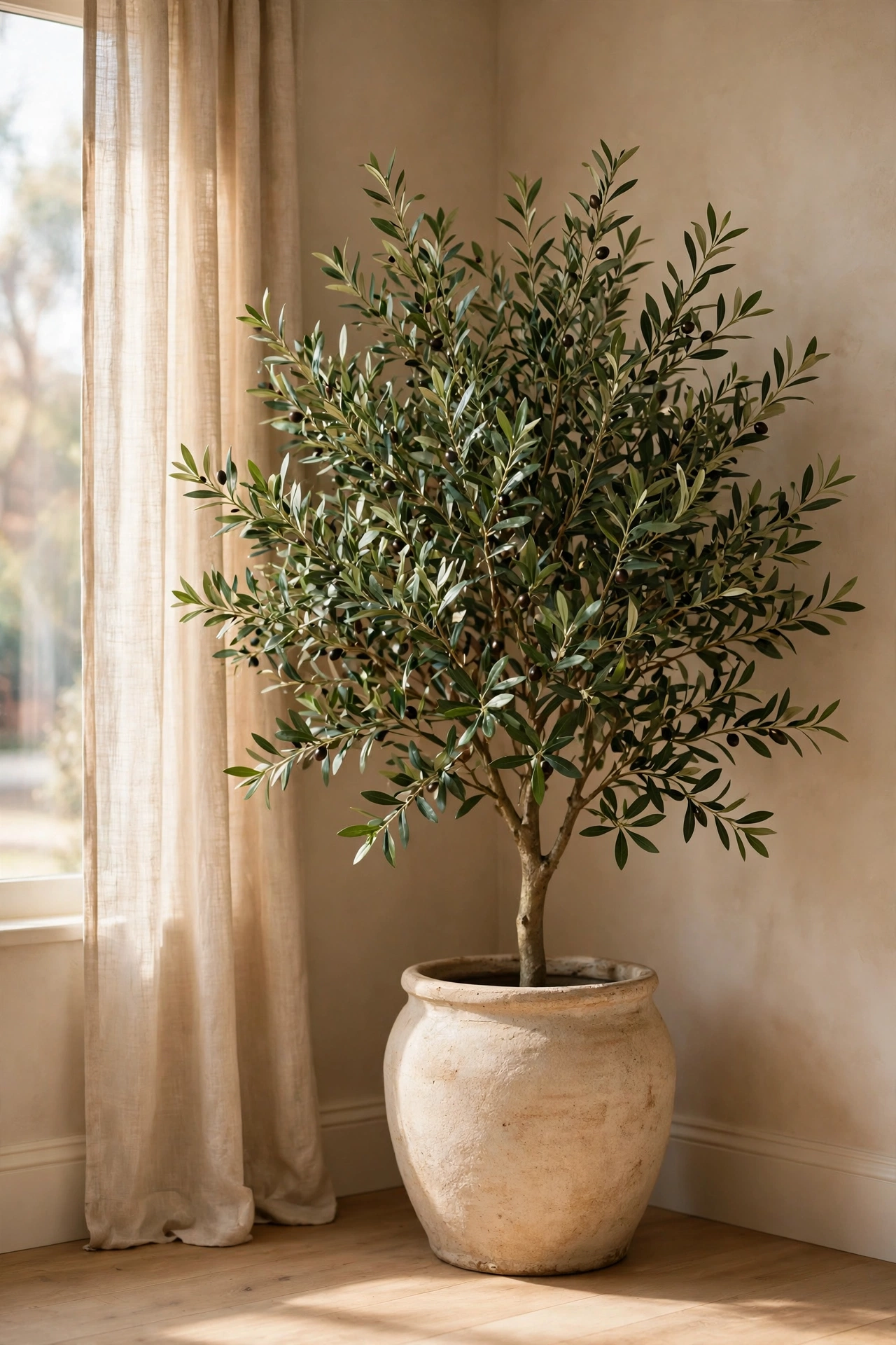 Faux olive tree in a ceramic cache pot filling an empty room corner