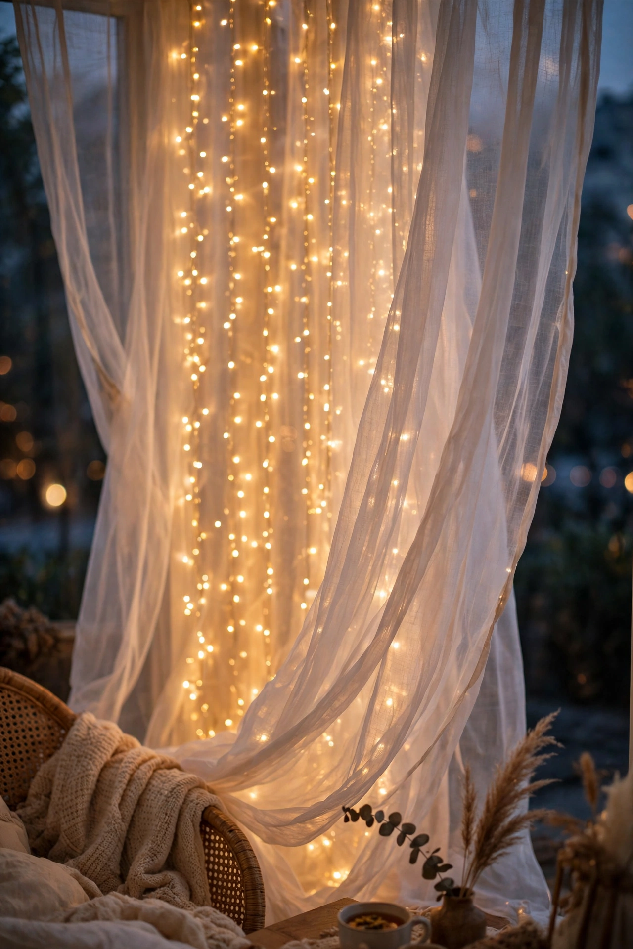 Warm fairy light curtain glowing behind sheer curtains in the evening