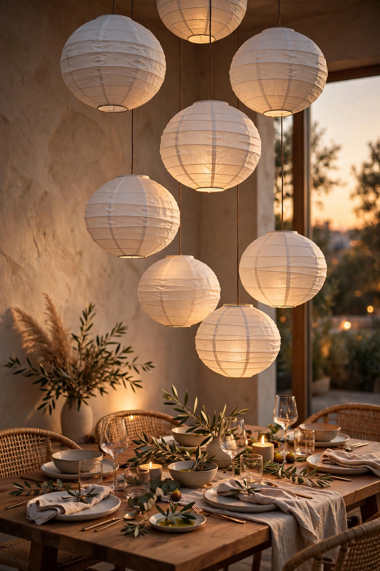 Paper lanterns hung at staggered heights over a dining table