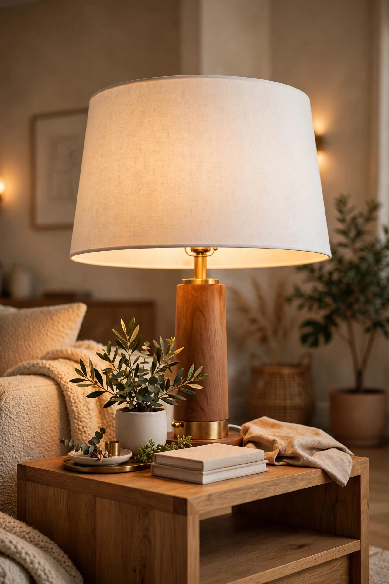 Table lamp with fresh white drum shade on a side table