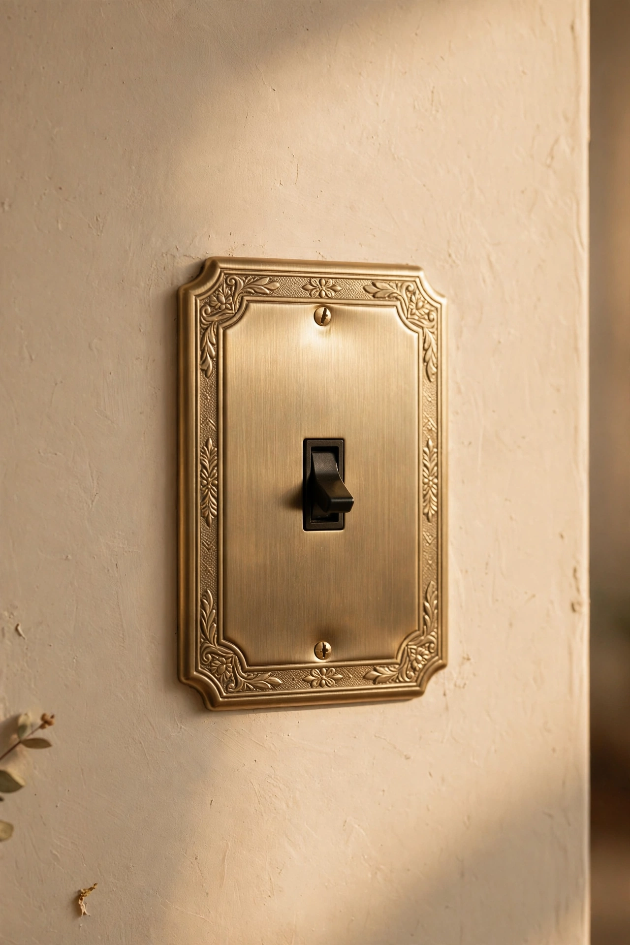 Decorative brushed-metal switch plate cover on a painted wall