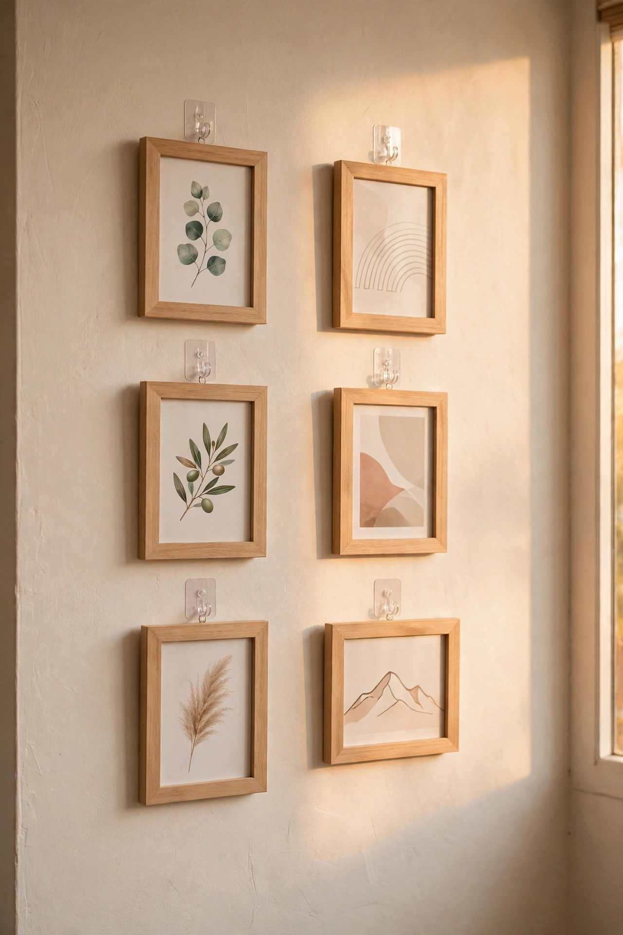 Lightweight picture frames hung with removable adhesive hooks on a rental wall