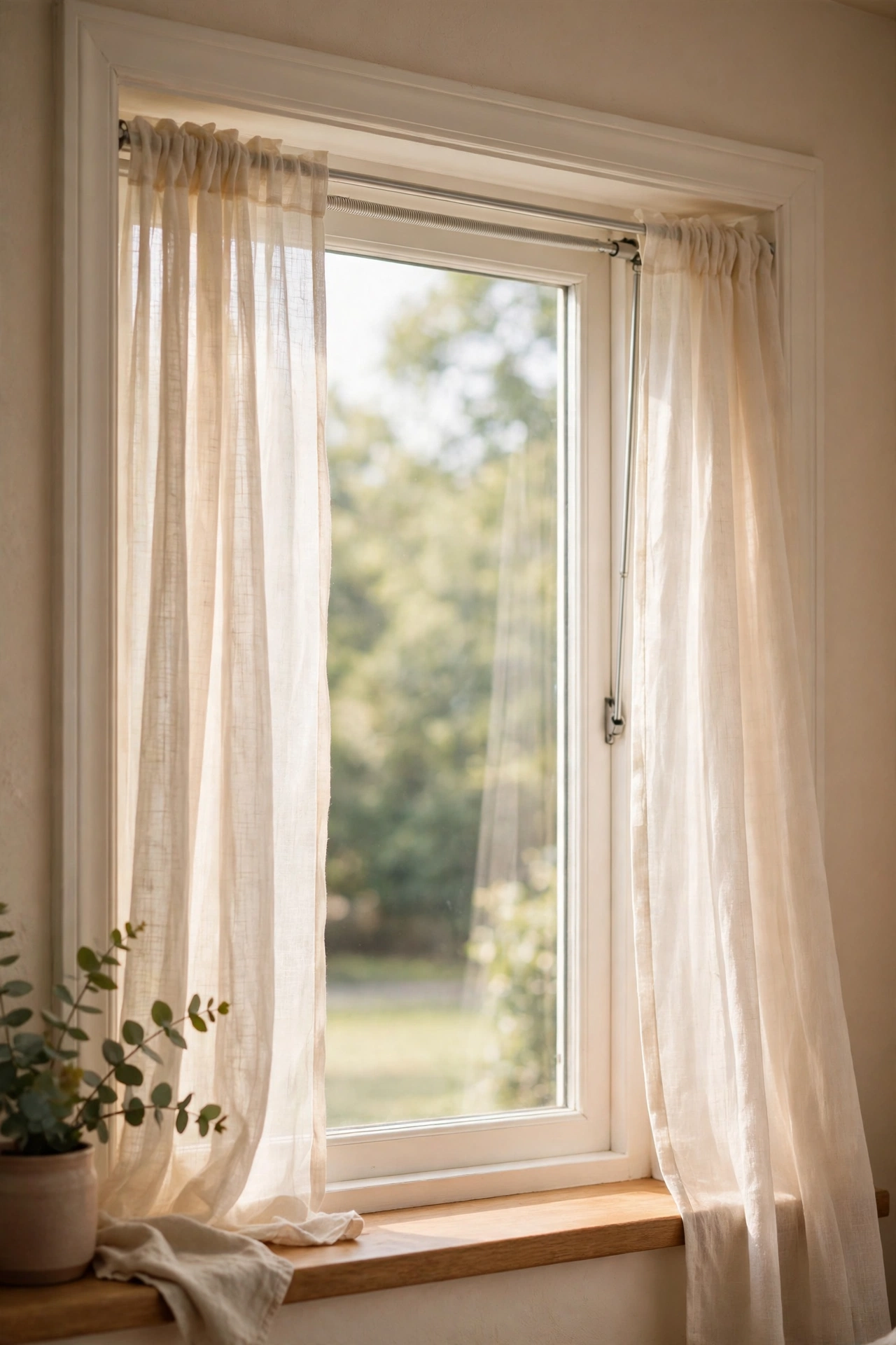 Tension rod with light curtains fitted inside a rental window frame