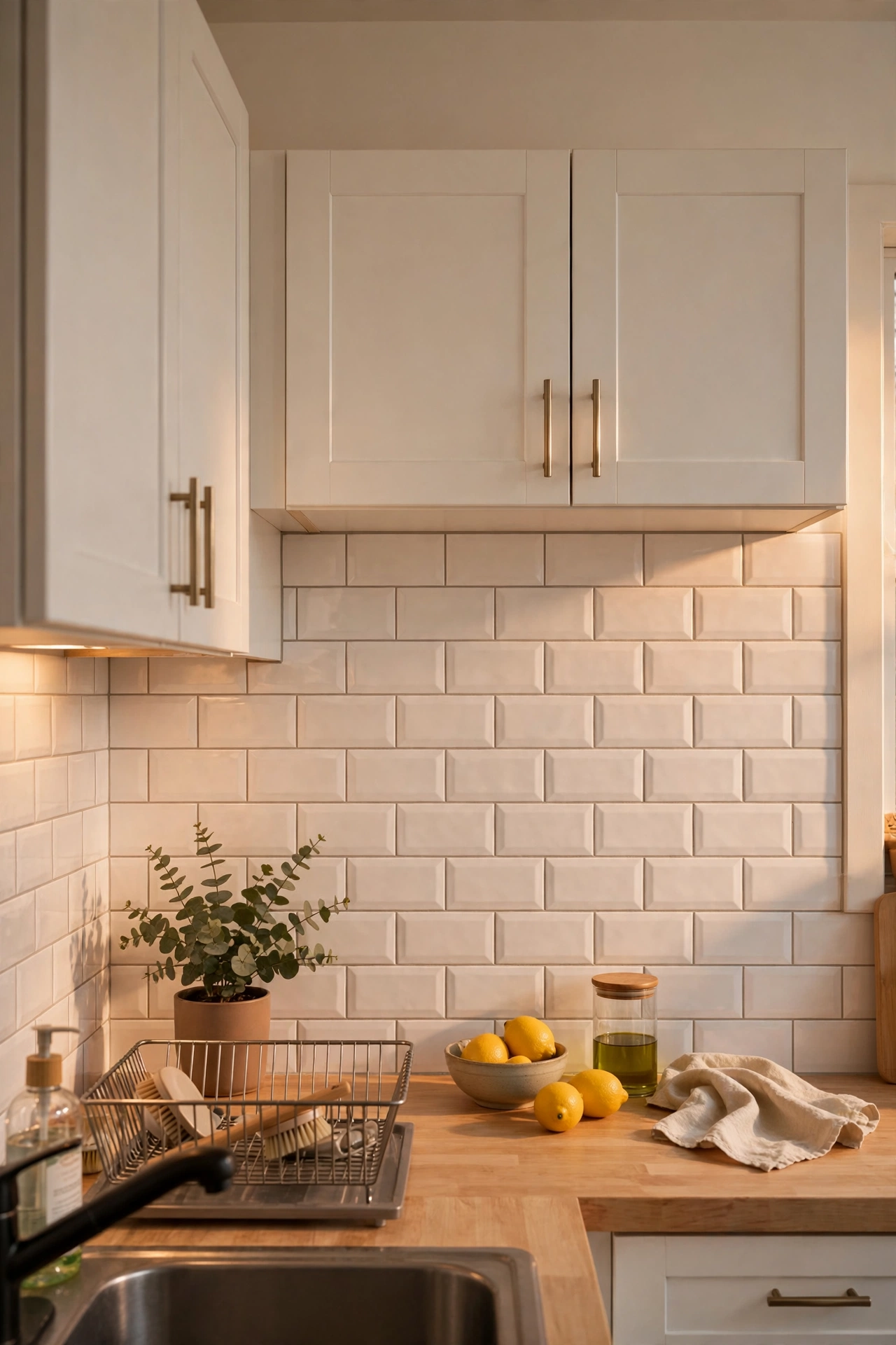 Peel-and-stick subway tiles applied as a rental kitchen backsplash