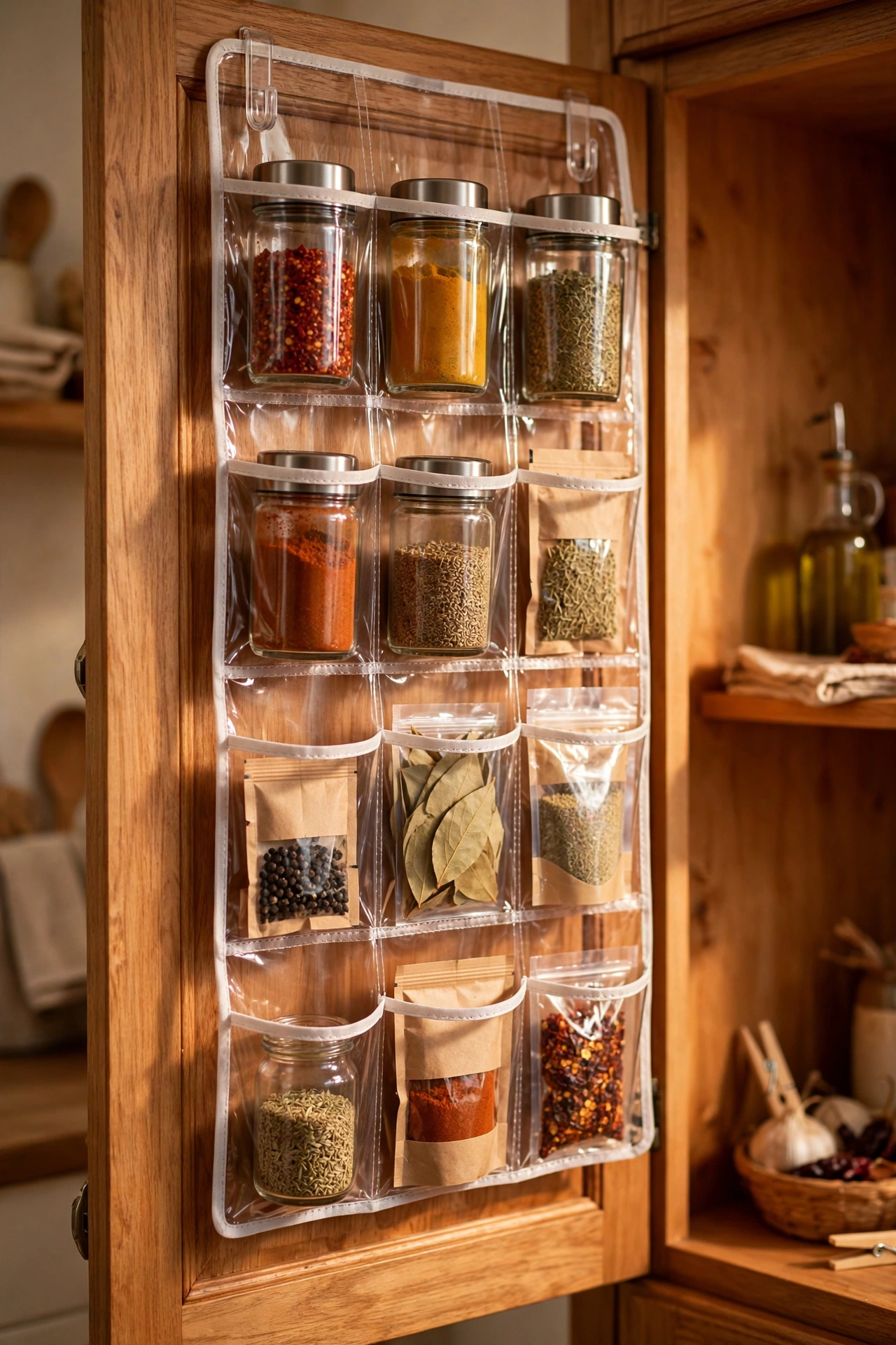 Clear over-door shoe organiser used as a spice pantry on a cupboard door