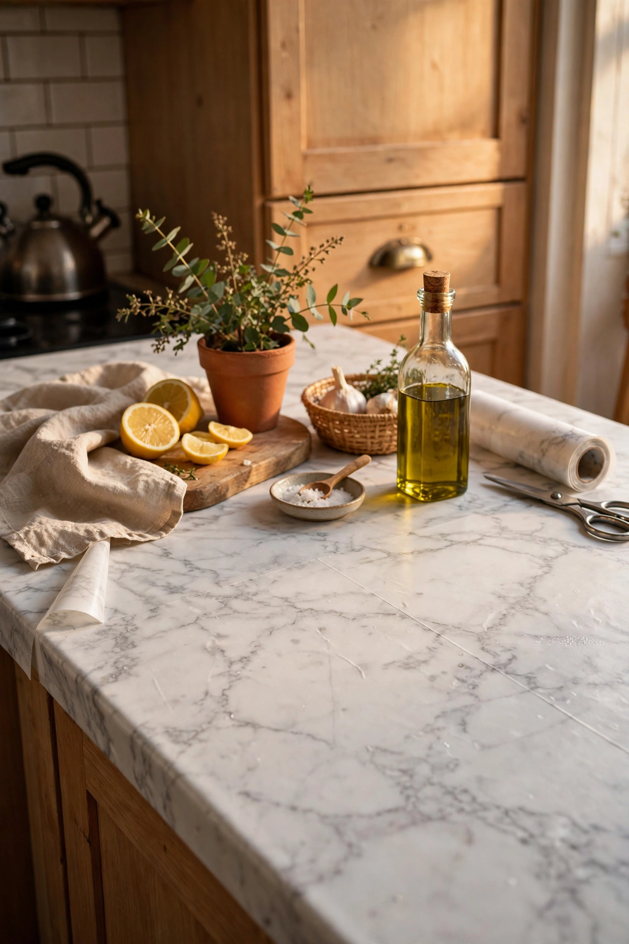 Rental kitchen worktop covered in marble-look contact paper