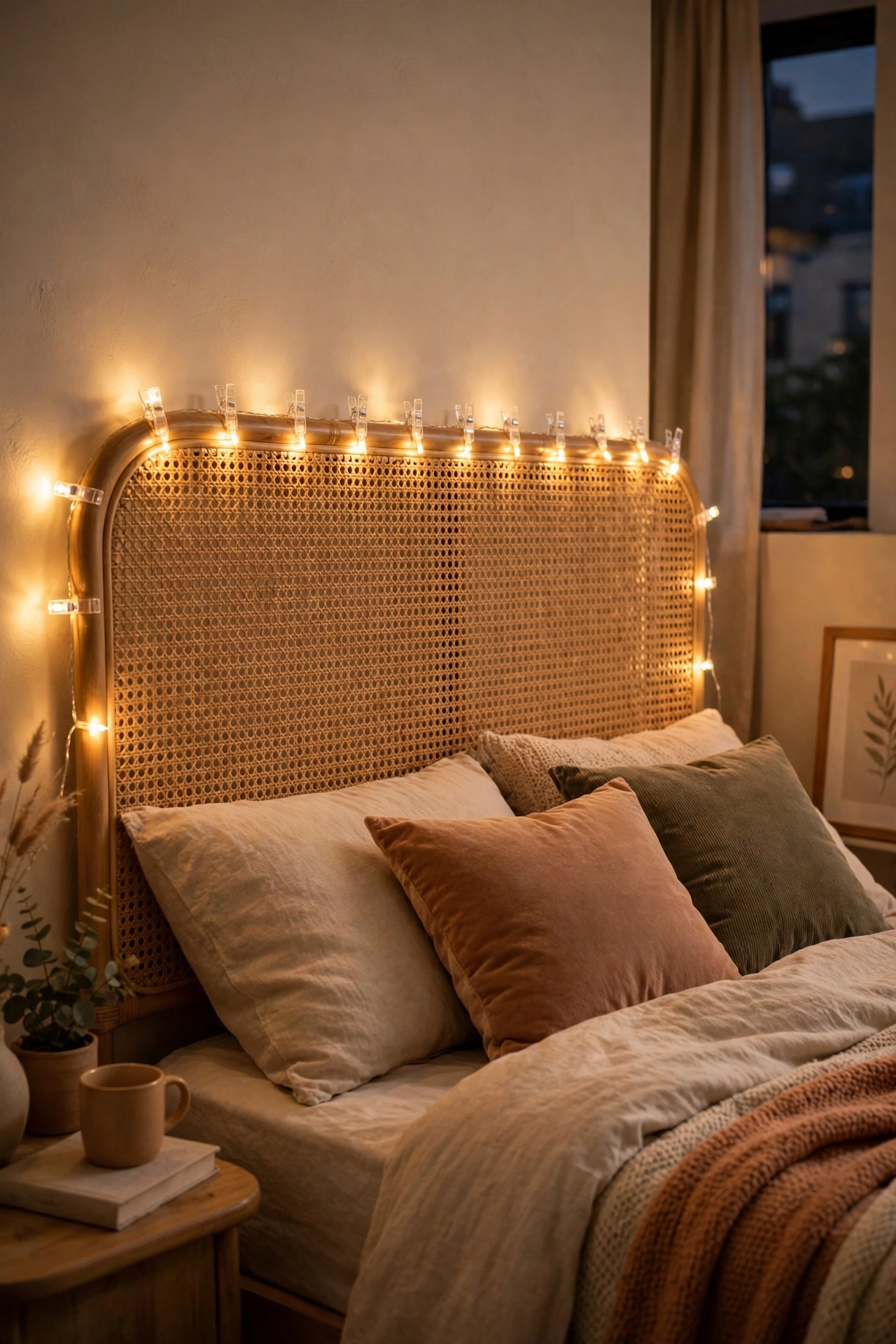 Warm fairy lights clipped along a headboard with removable clips