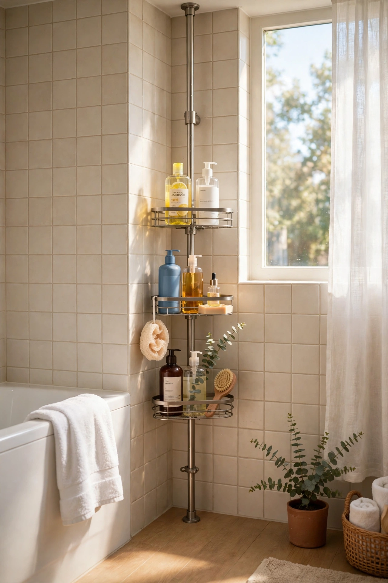 Tension-pole shower caddy wedged between floor and ceiling in a bathroom